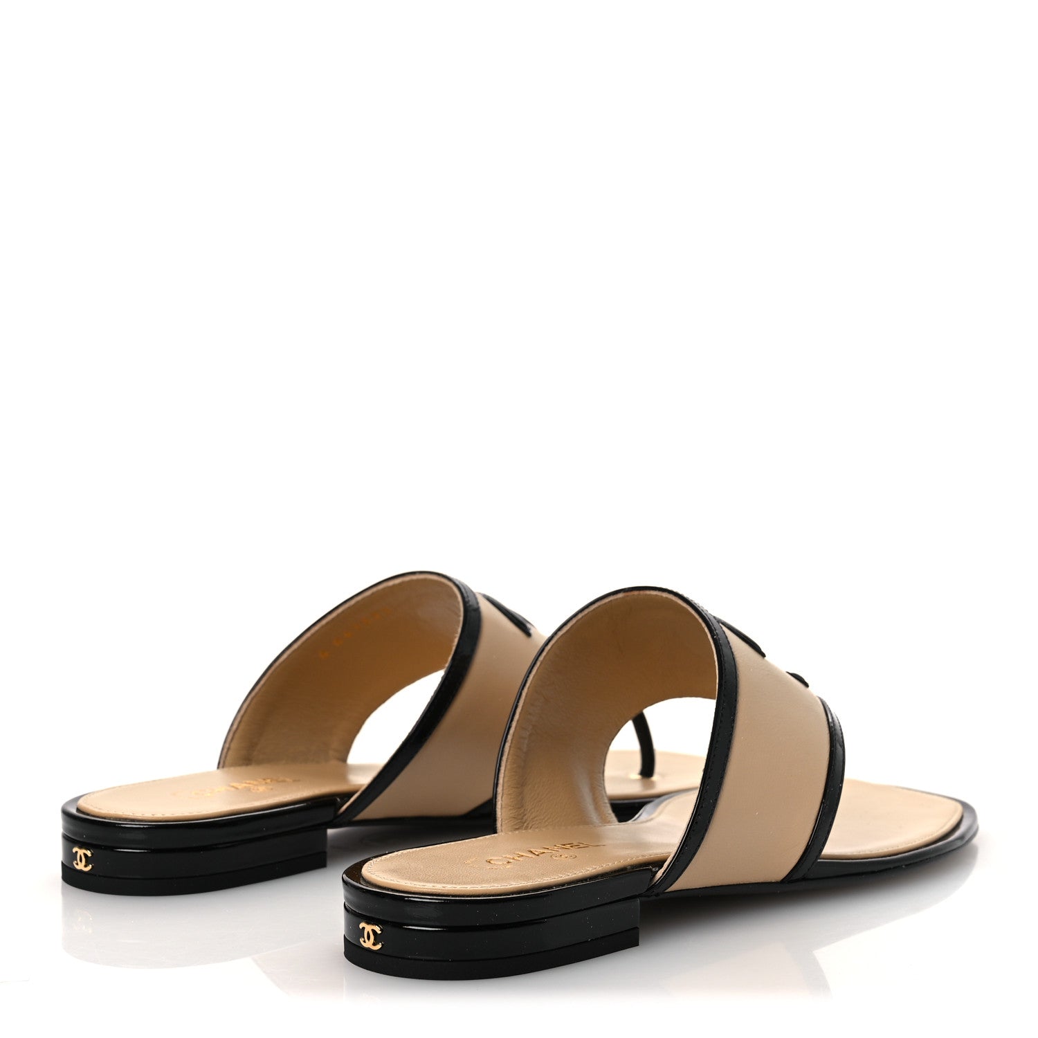 Chanel Lambskin Patent Calfskin CC Thong Sandals 38 Beige Black 5 of 11