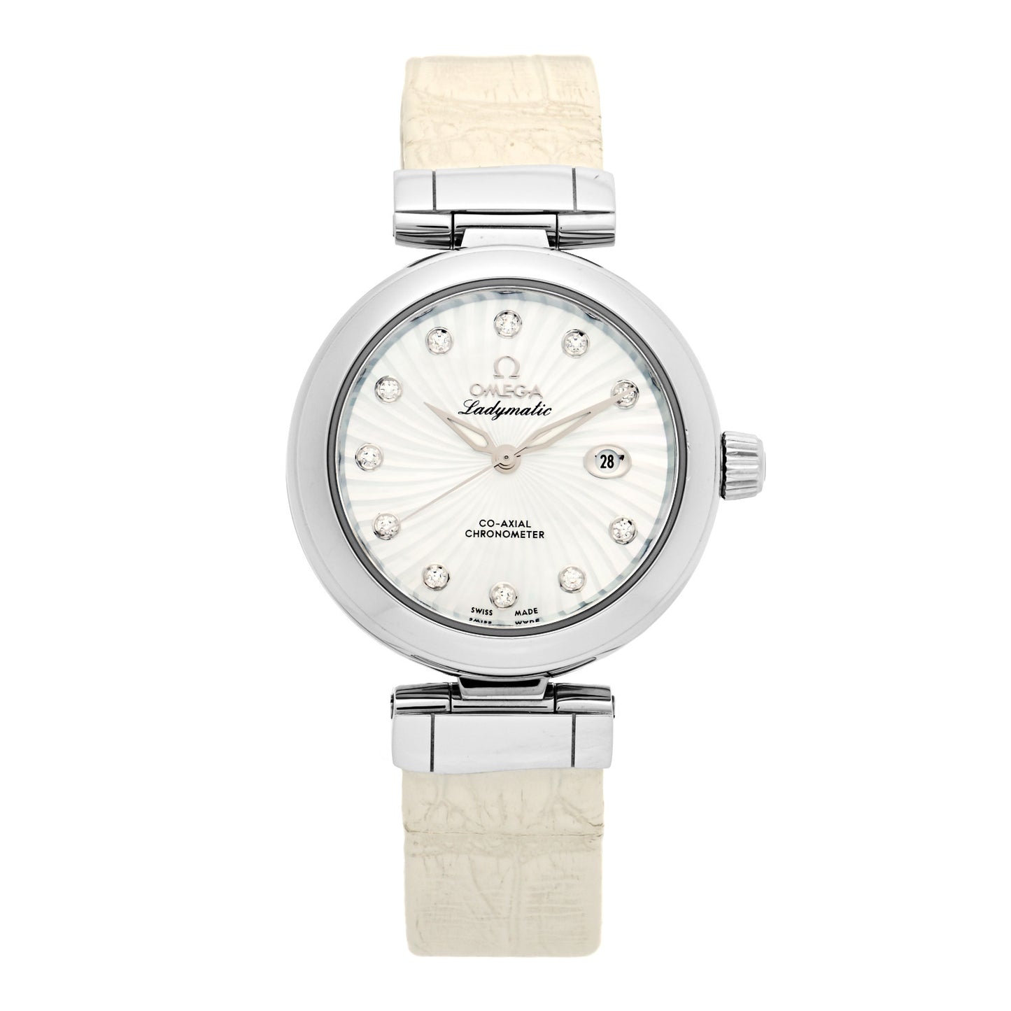 Stainless Steel Calfskin Diamond Mother of Pearl 34mm De Ville Ladymatic Co-Axial Automatic Watch 425.33.34.20.55.001