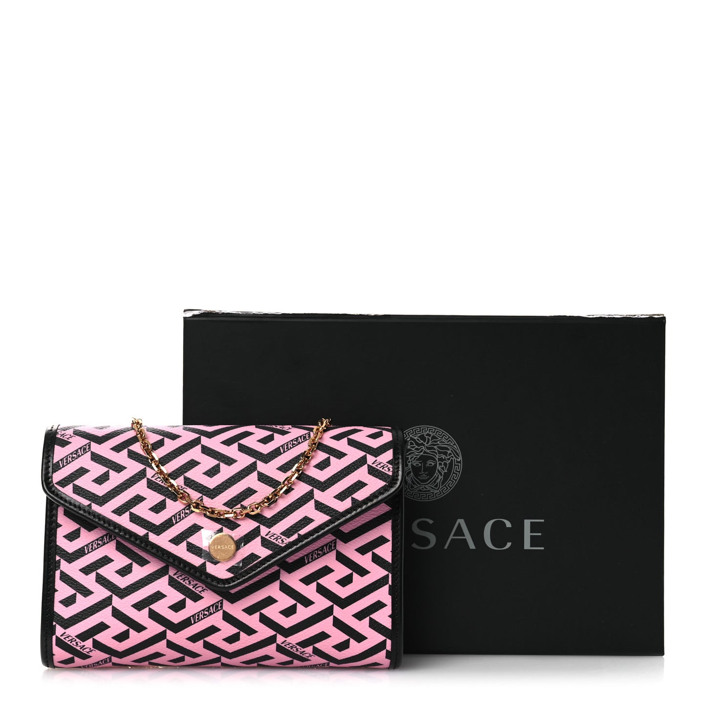 Coated Canvas La Greca Signature Wallet On Chain Black Pink