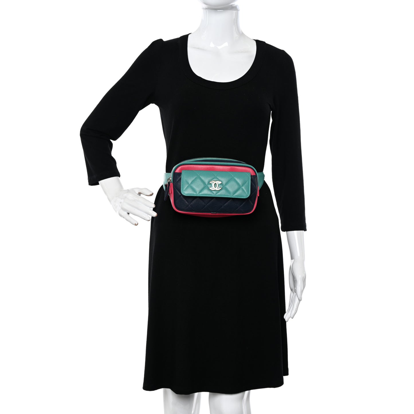 Goatskin Quilted Tri-Color In & Out Waist Bag Navy Turquoise Pink