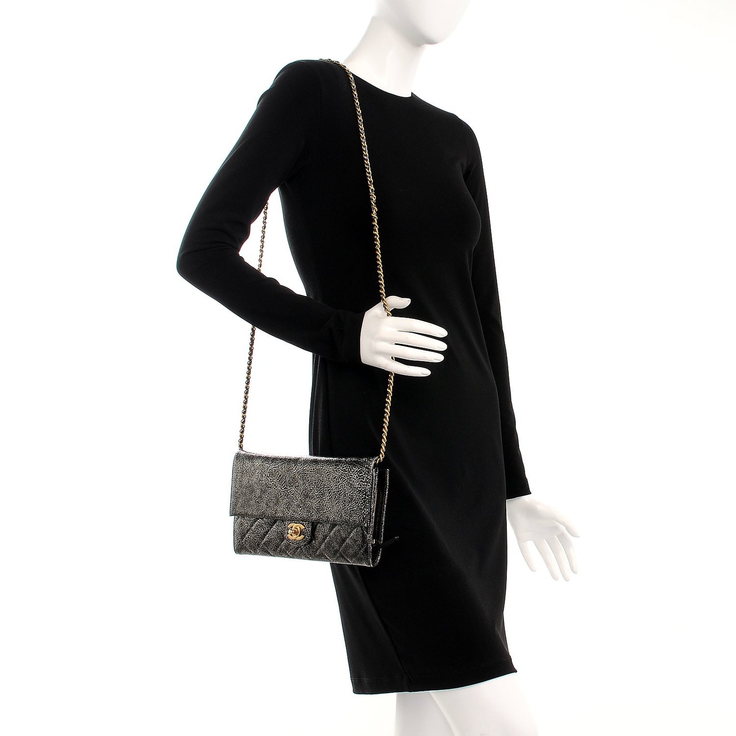 Cracked Metallic Calfskin Quilted Zip Away Chain Clutch Dark Silver