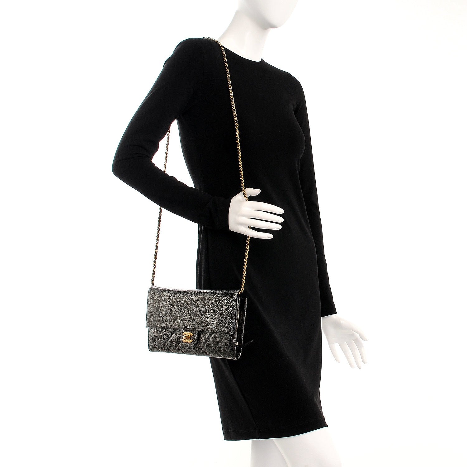 Chanel Cracked Metallic Calfskin Quilted Zip Away Chain Clutch Dark Silver 2 of 9