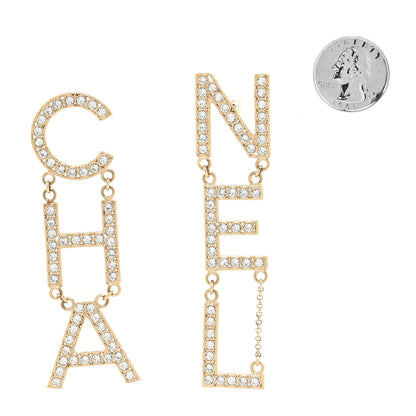 Chanel Crystal Cha-Nel Logo Drop Earrings Gold 2 of 4