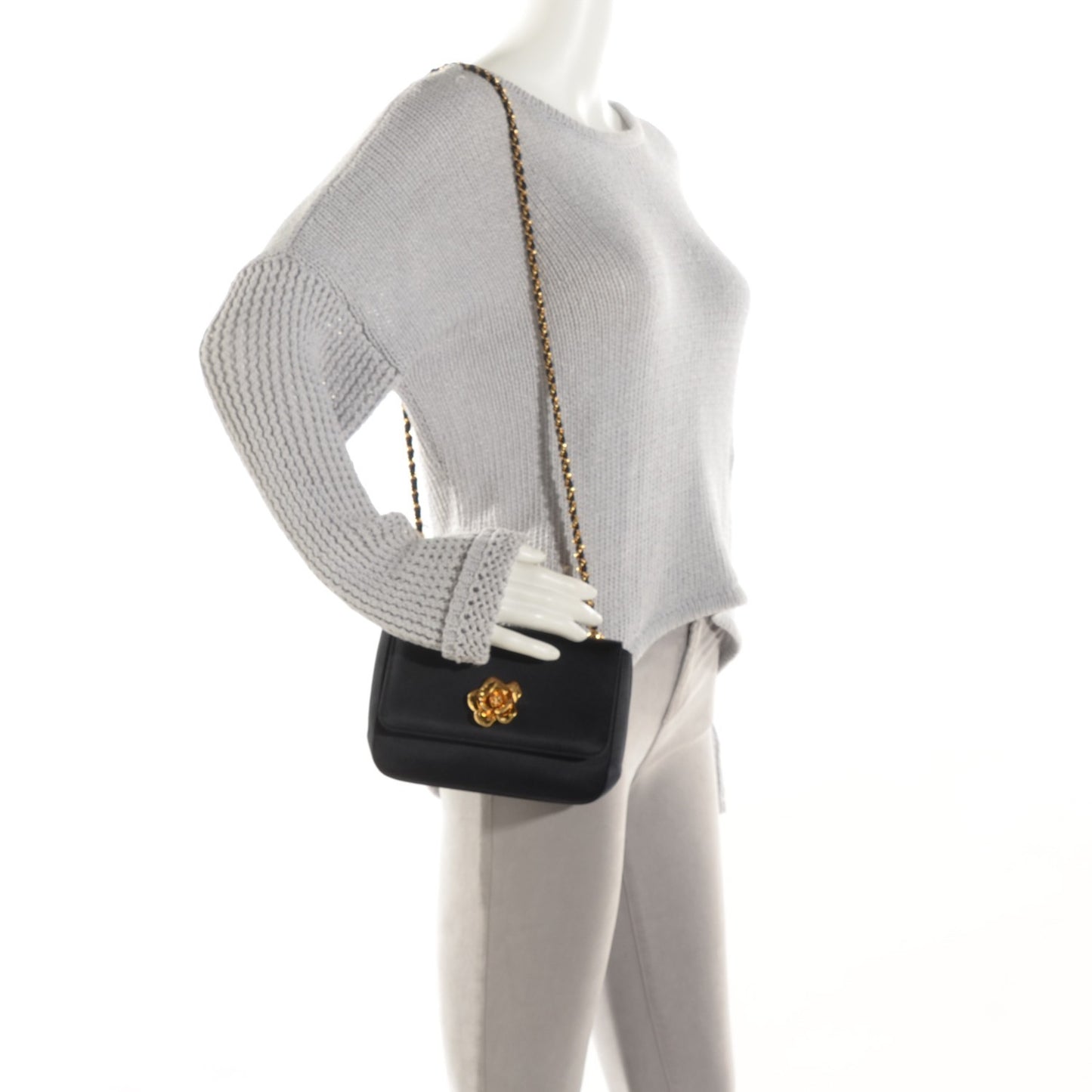 Satin Mini Camellia Flap Black
