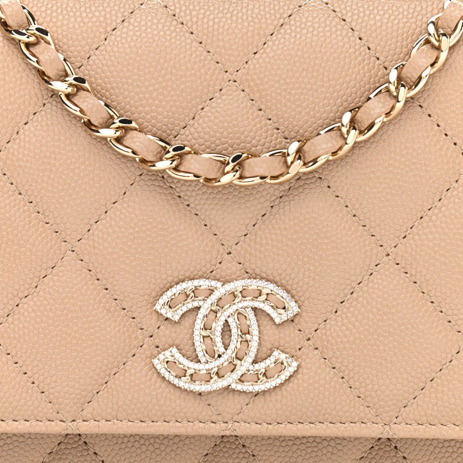 Chanel Caviar Quilted Crystal CC Wallet On Chain WOC Beige 9 of 12