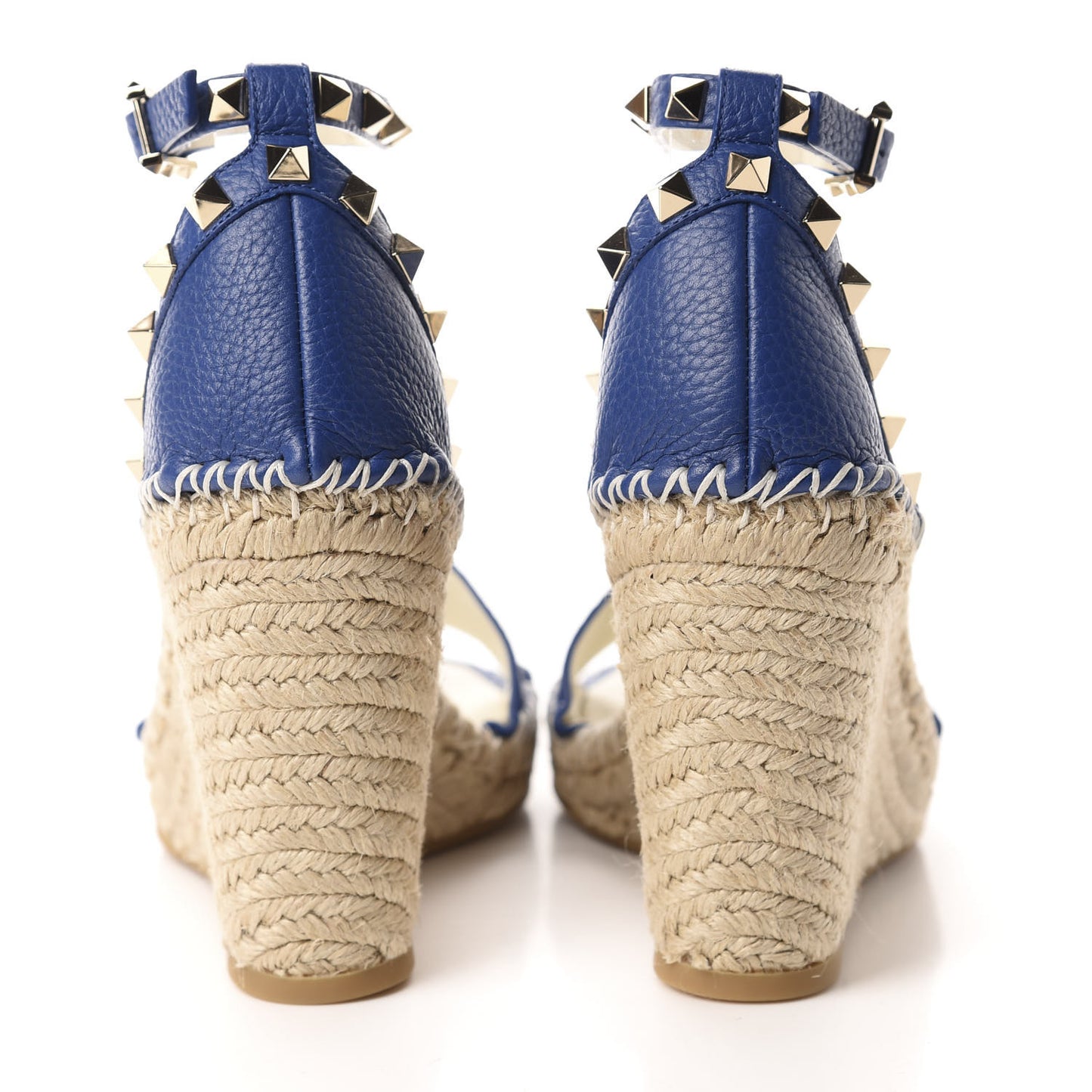 Grained Calfskin Rockstud Ankle Strap Espadrille 15/105mm Wedge Sandals 38 Blu Delft Natural