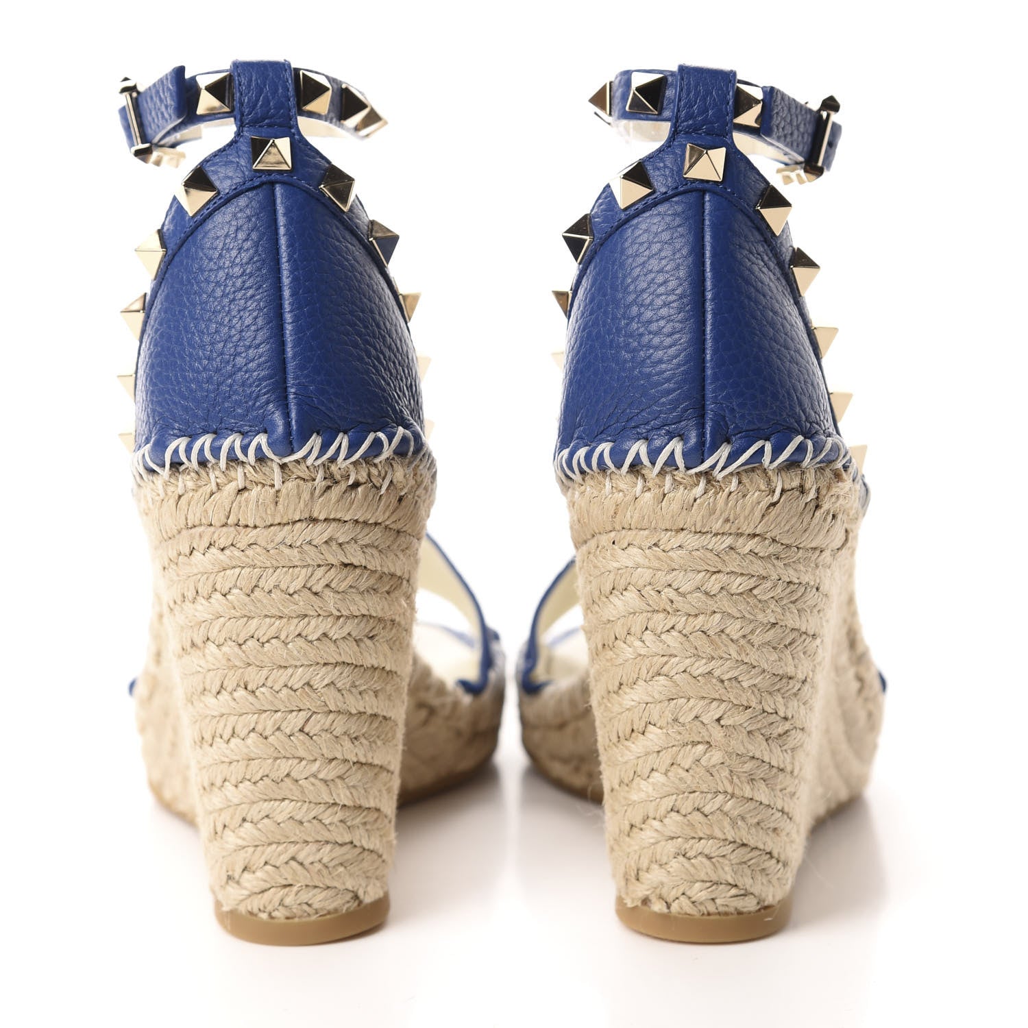 Valentino Garavani Grained Calfskin Rockstud Ankle Strap Espadrille 15/105mm Wedge Sandals 38 Blu Delft Natural 5 of 10