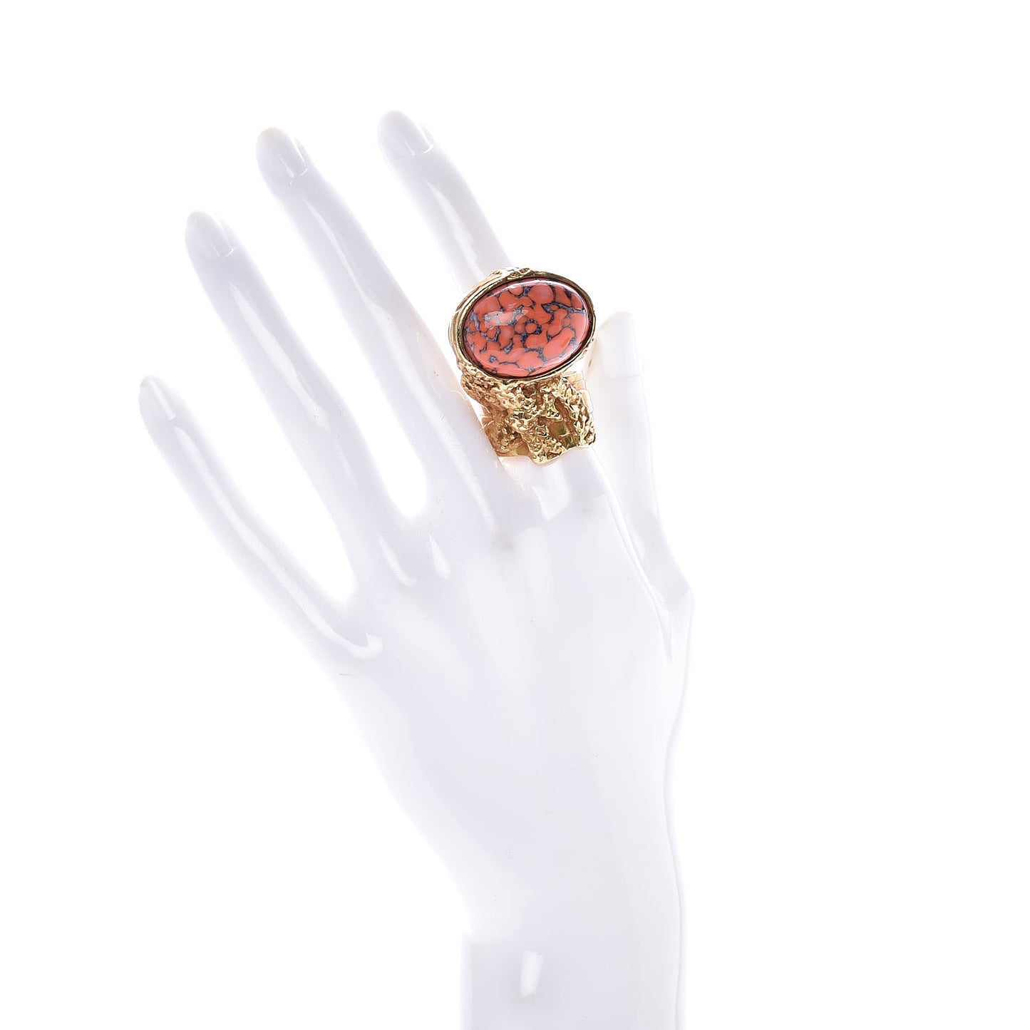 Glass Cabochon Arty Ovale Ring 8 Gold Coral