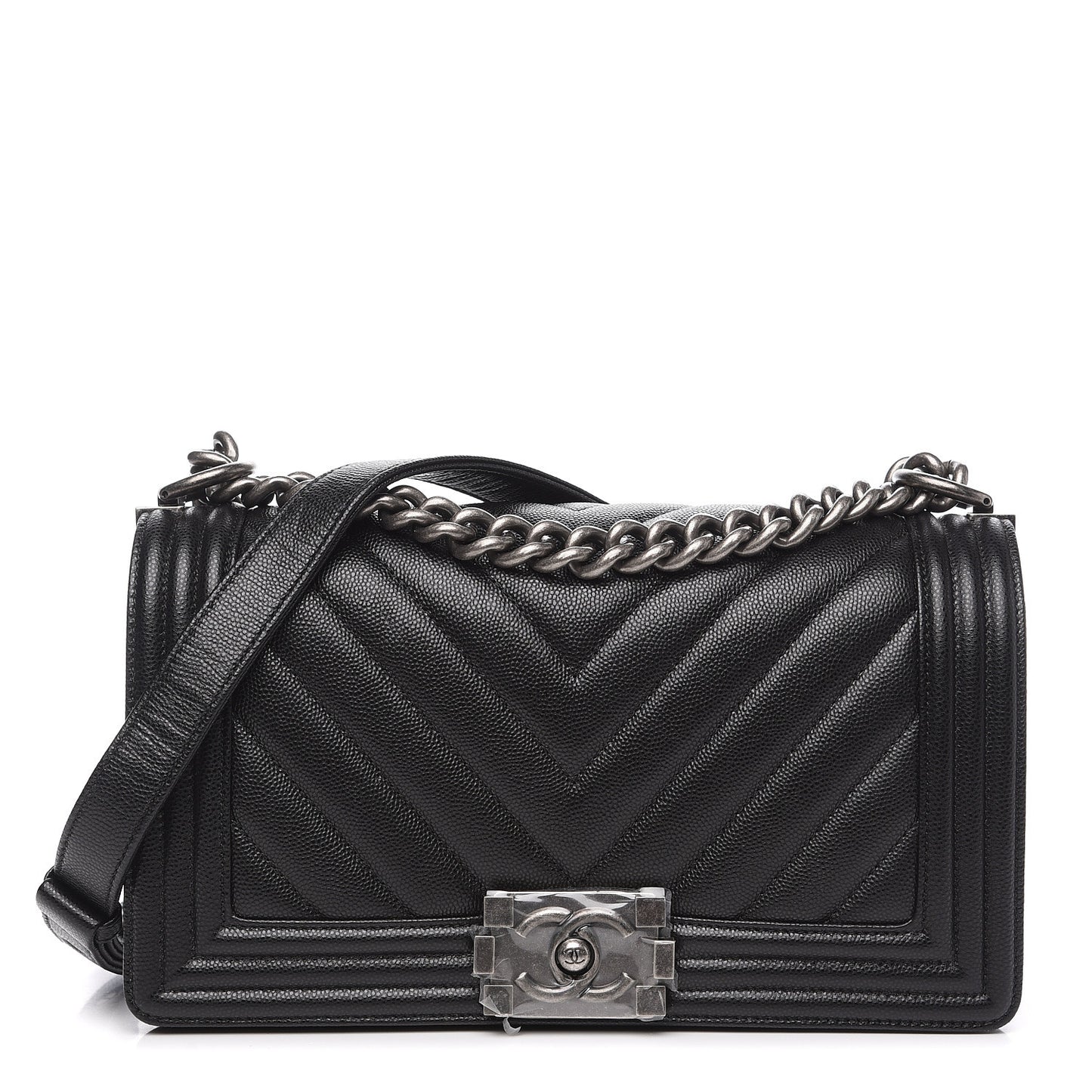 Caviar Chevron Quilted Medium Boy Flap Black