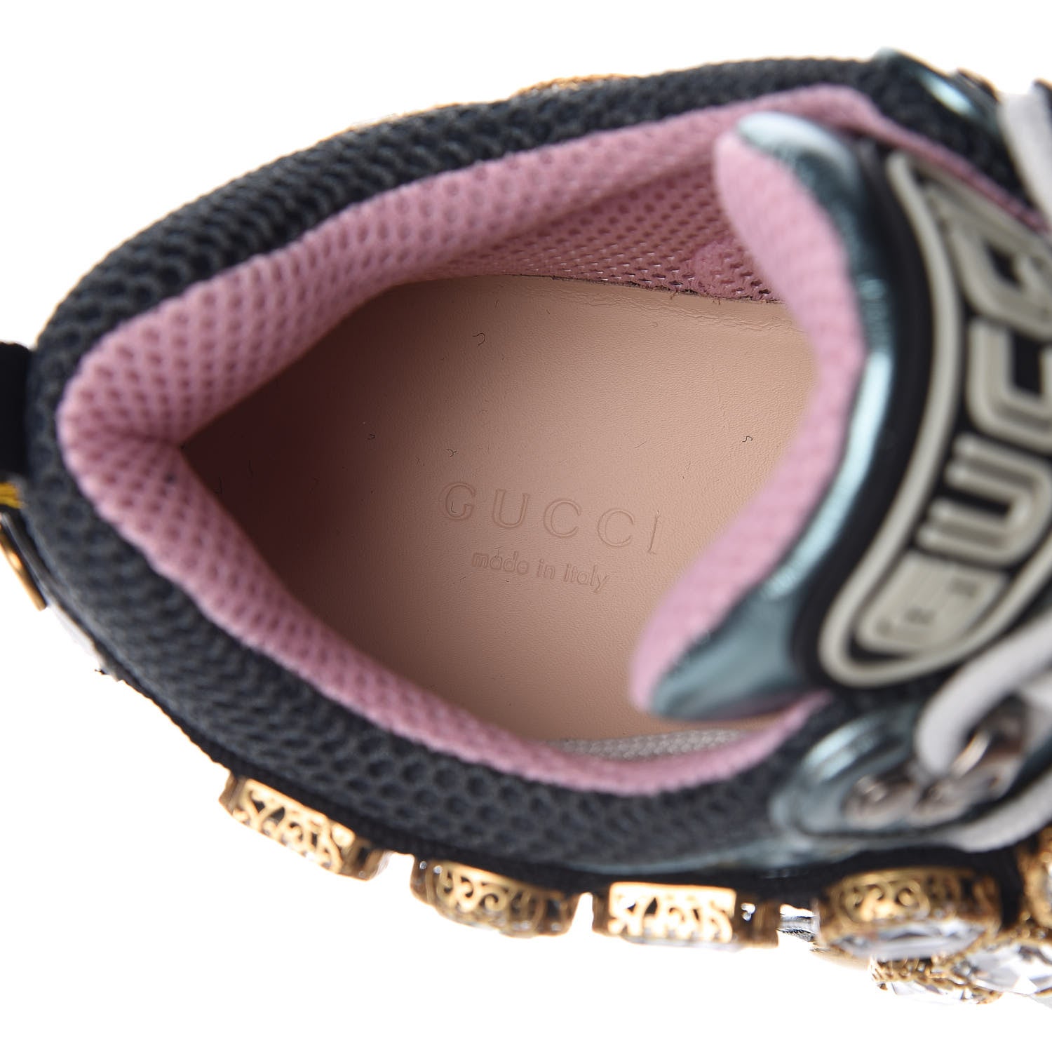 Gucci X SEGA Metallic Calfskin Removable Crystals Womens Flashtrek Sneakers 36.5 Lago Loess Silver 8 of 9