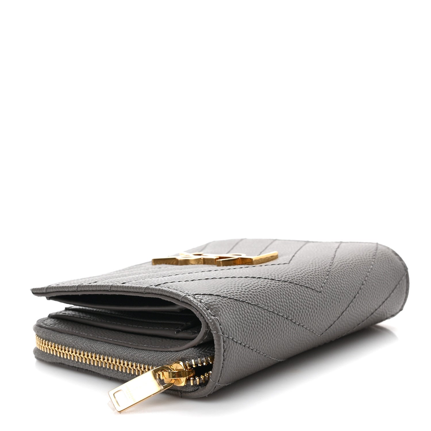 Saint Laurent Grain De Poudre Matelasse Chevron Monogram Compact Zip Around Wallet Fog 4 of 6