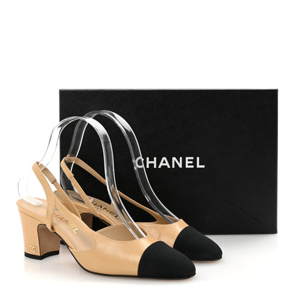 Chanel Goatskin Grosgrain Cap Toe CC Slingback Pumps 37 Beige Black 10 of 10