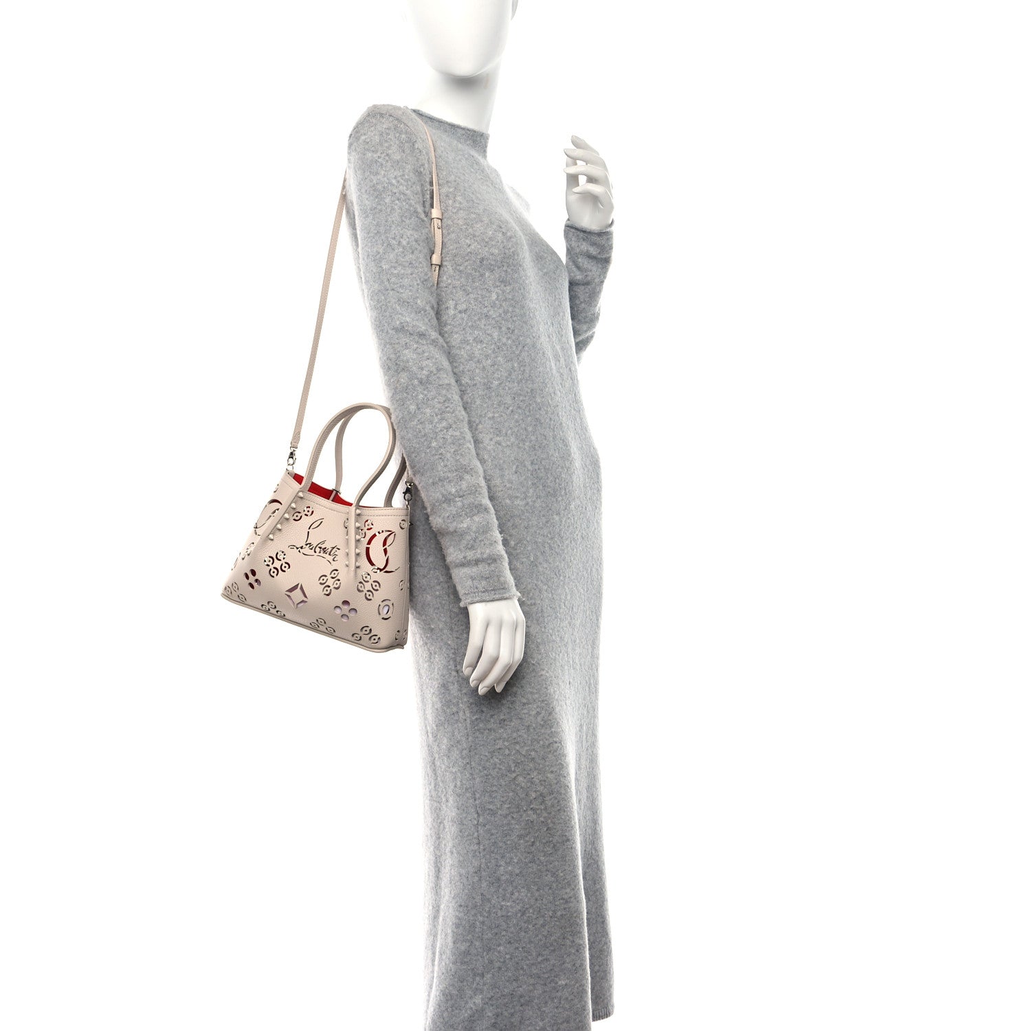 Christian Louboutin Calfskin Loubinthesky Mini Perforated Cabarock Spikes Tote Leche 2 of 10