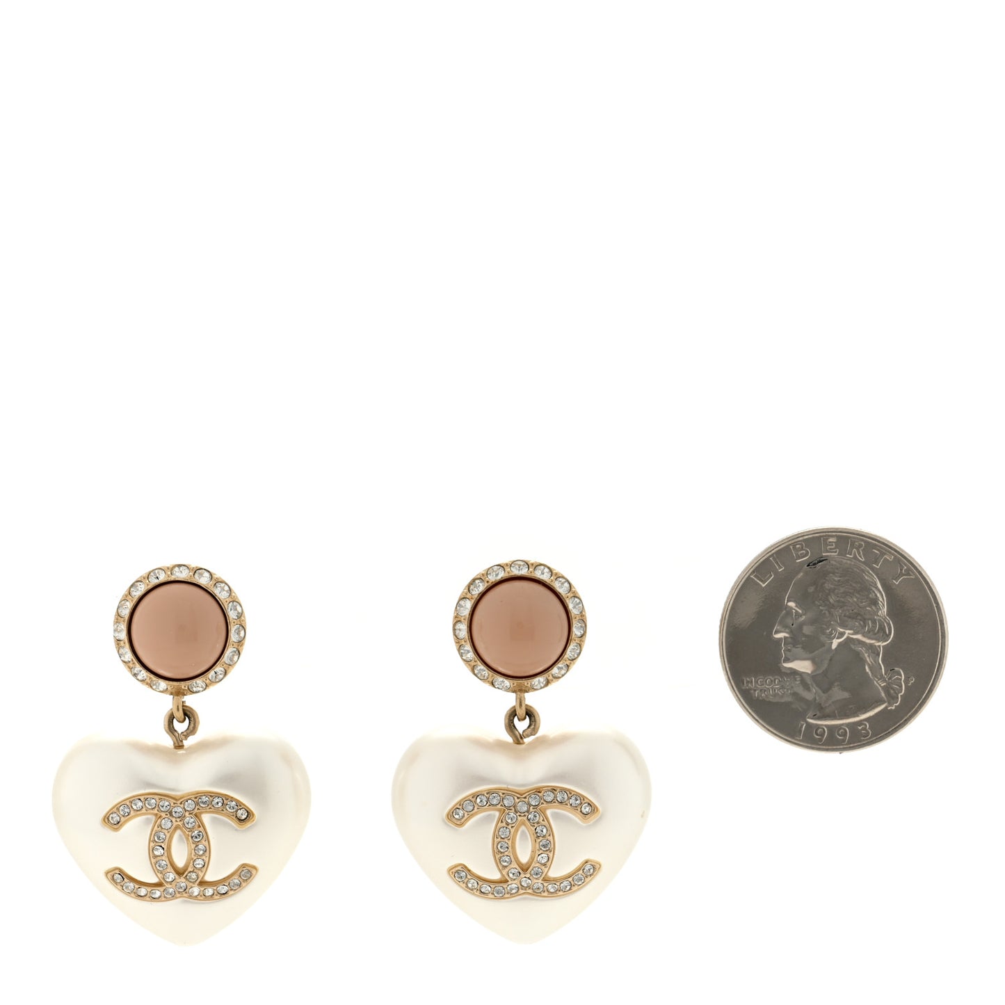Pearl Resin Crystal CC Heart Drop Earrings Pink Gold