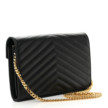 Saint Laurent Grain De Poudre Matelasse Chevron Monogram Chain Wallet Black 3 of 15