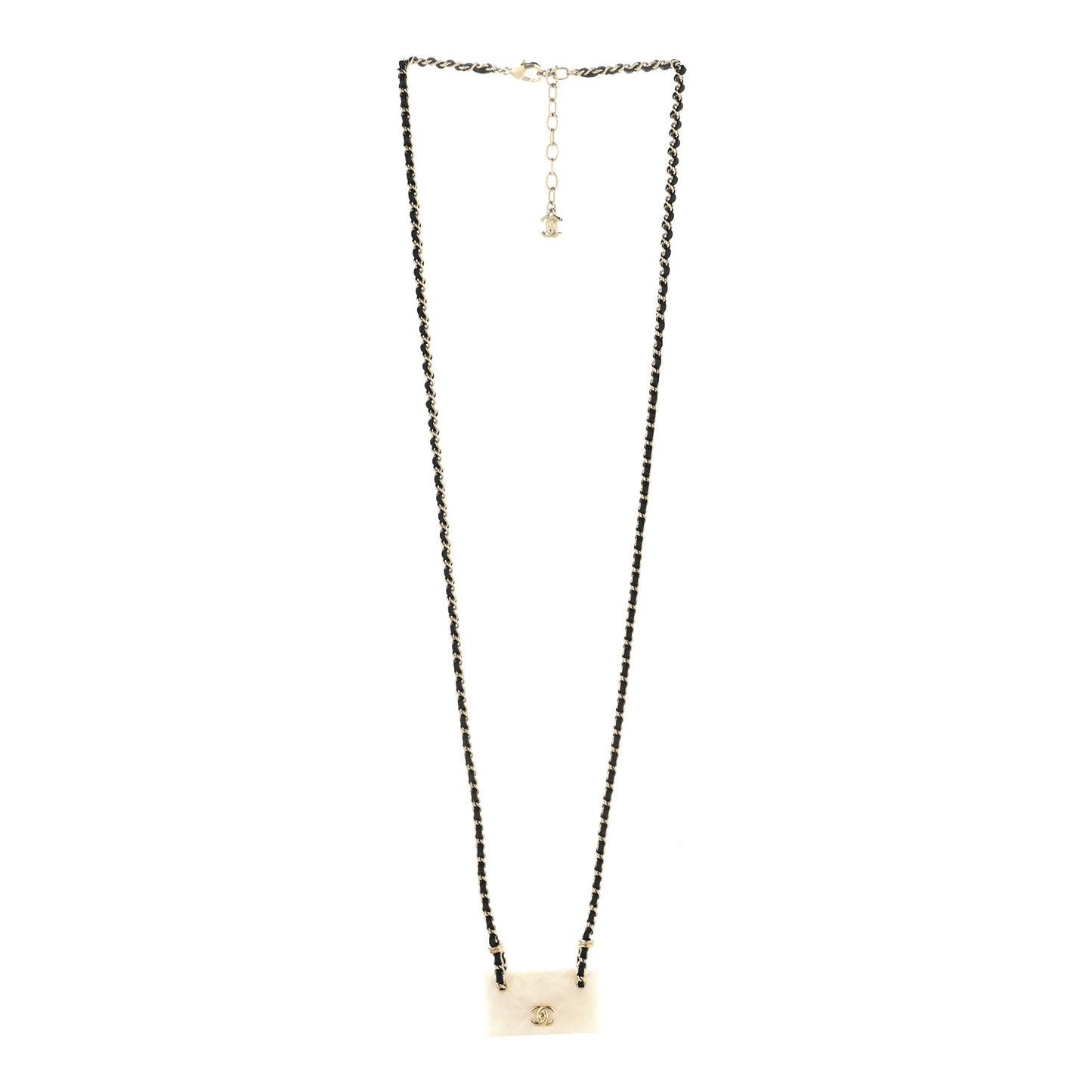 Lambskin Metal Resin Quilted Flap Bag Necklace Gold Black Pearly White