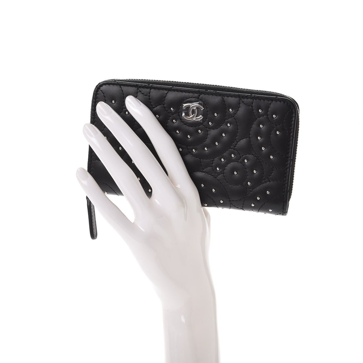 Lambskin Camellia Studded Zip Around Wallet Black