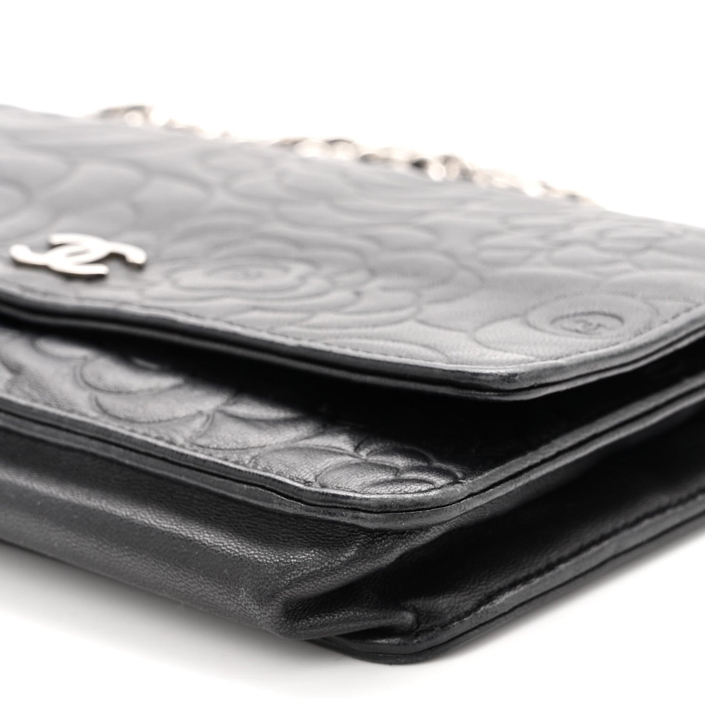 Lambskin Camellia Embossed Wallet on Chain WOC Black
