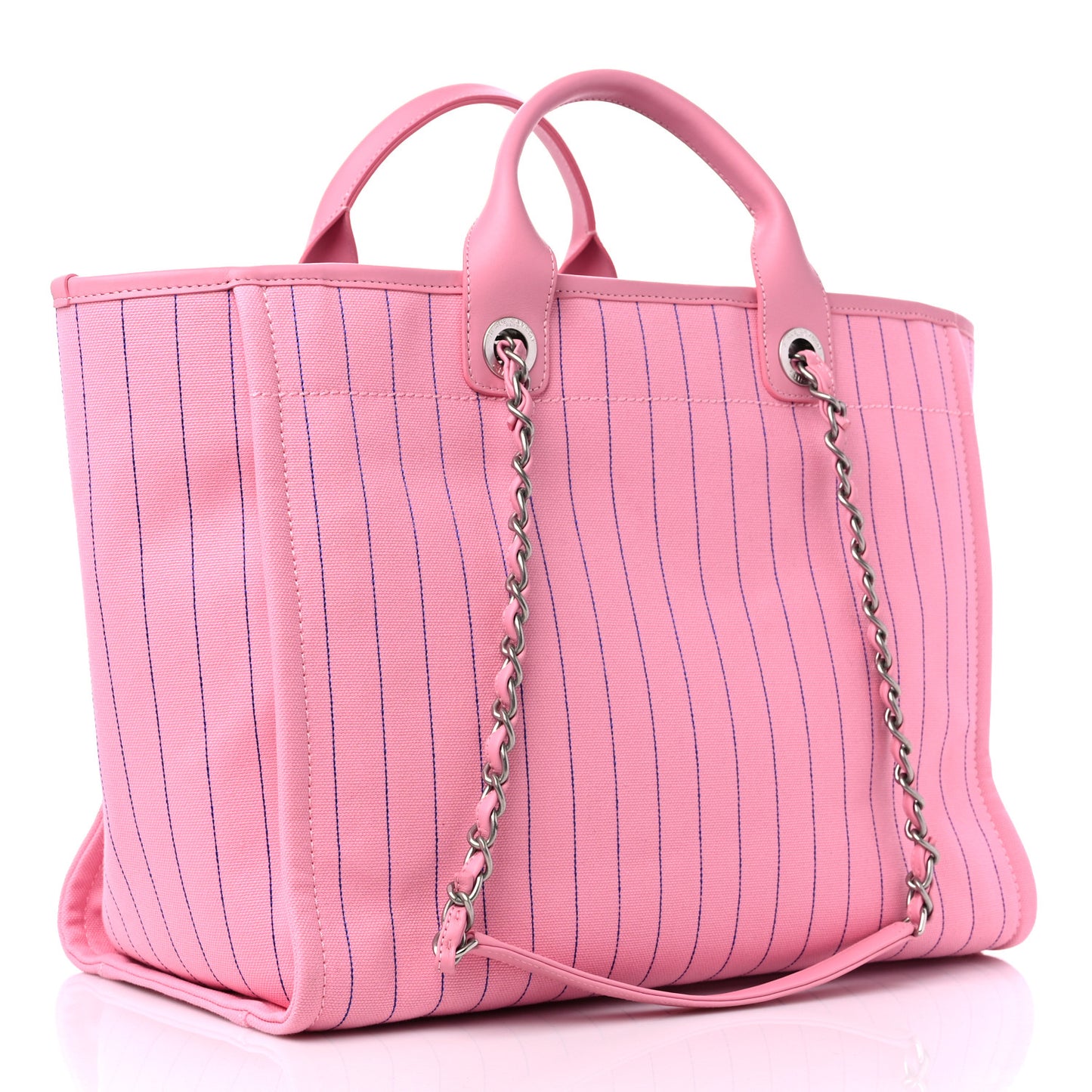 Canvas Calfskin Striped Large Deauville Tote Pink Blue