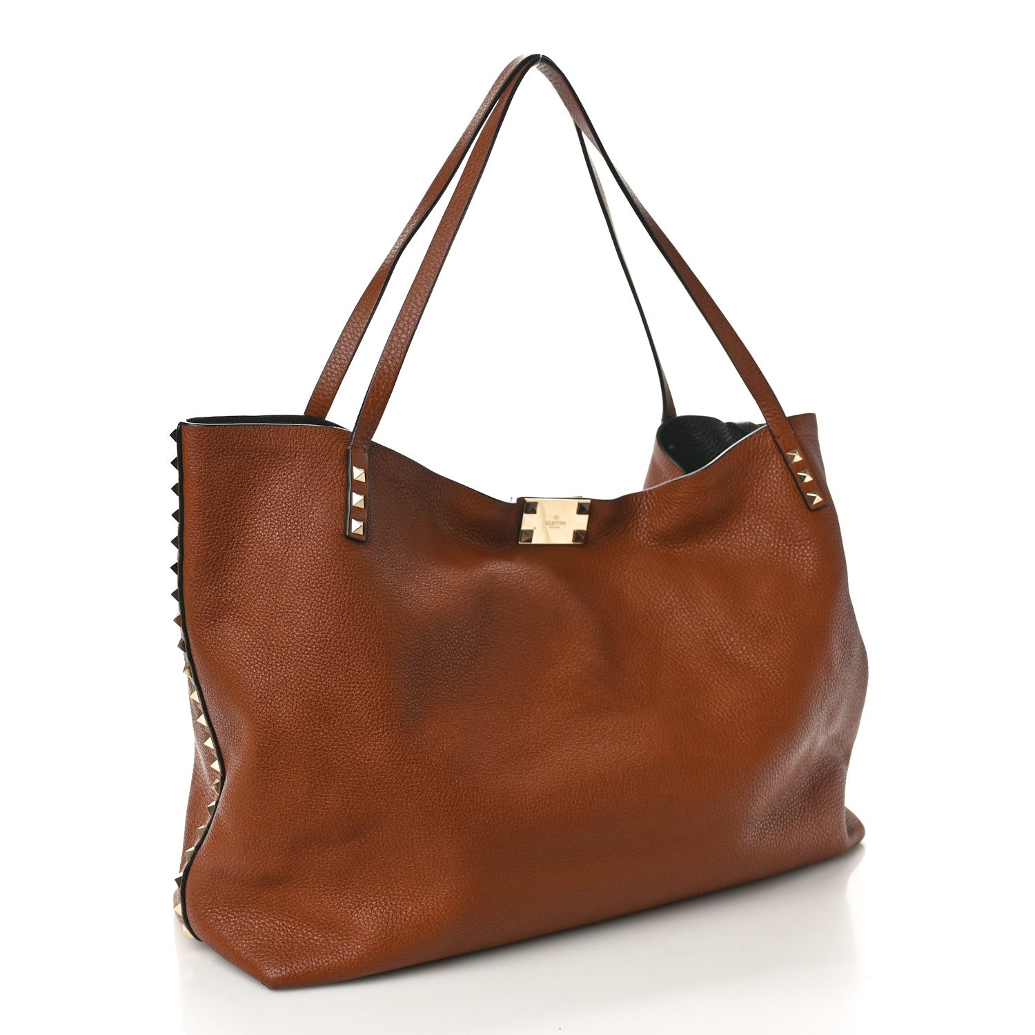 Valentino Garavani Grained Calfskin Large Rockstud Flip Lock Tote Camel Black 4 of 12