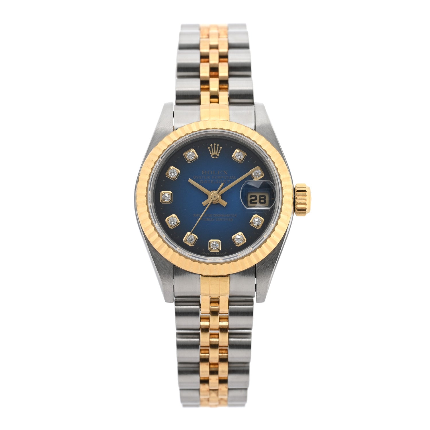 Rolex Stainless Steel 18K Yellow Gold Diamond 26mm Oyster Perpetual Datejust Watch Blue Gradient 69173 1 of 4