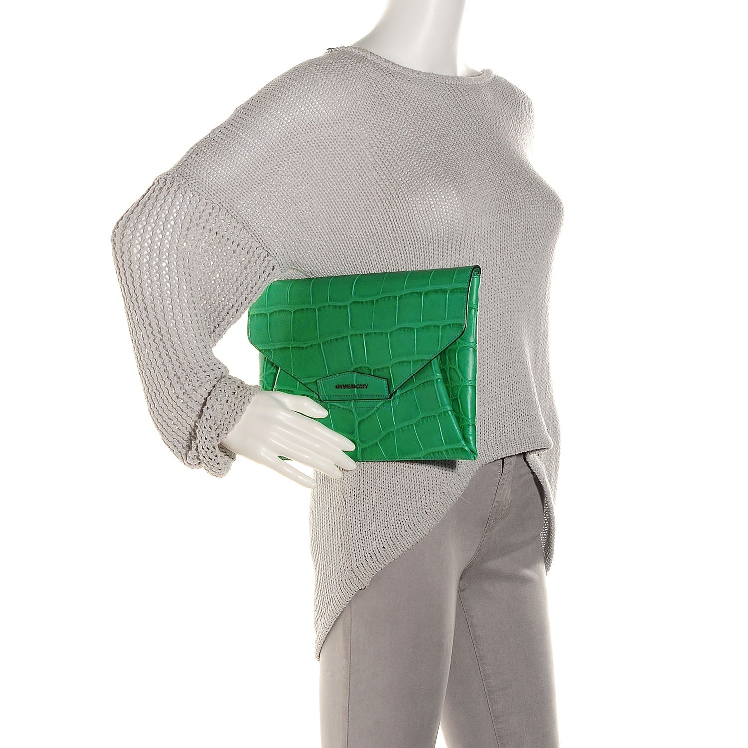 Givenchy Calfskin Crocodile Embossed Medium Antigona Envelope Clutch Emerald 2 of 7
