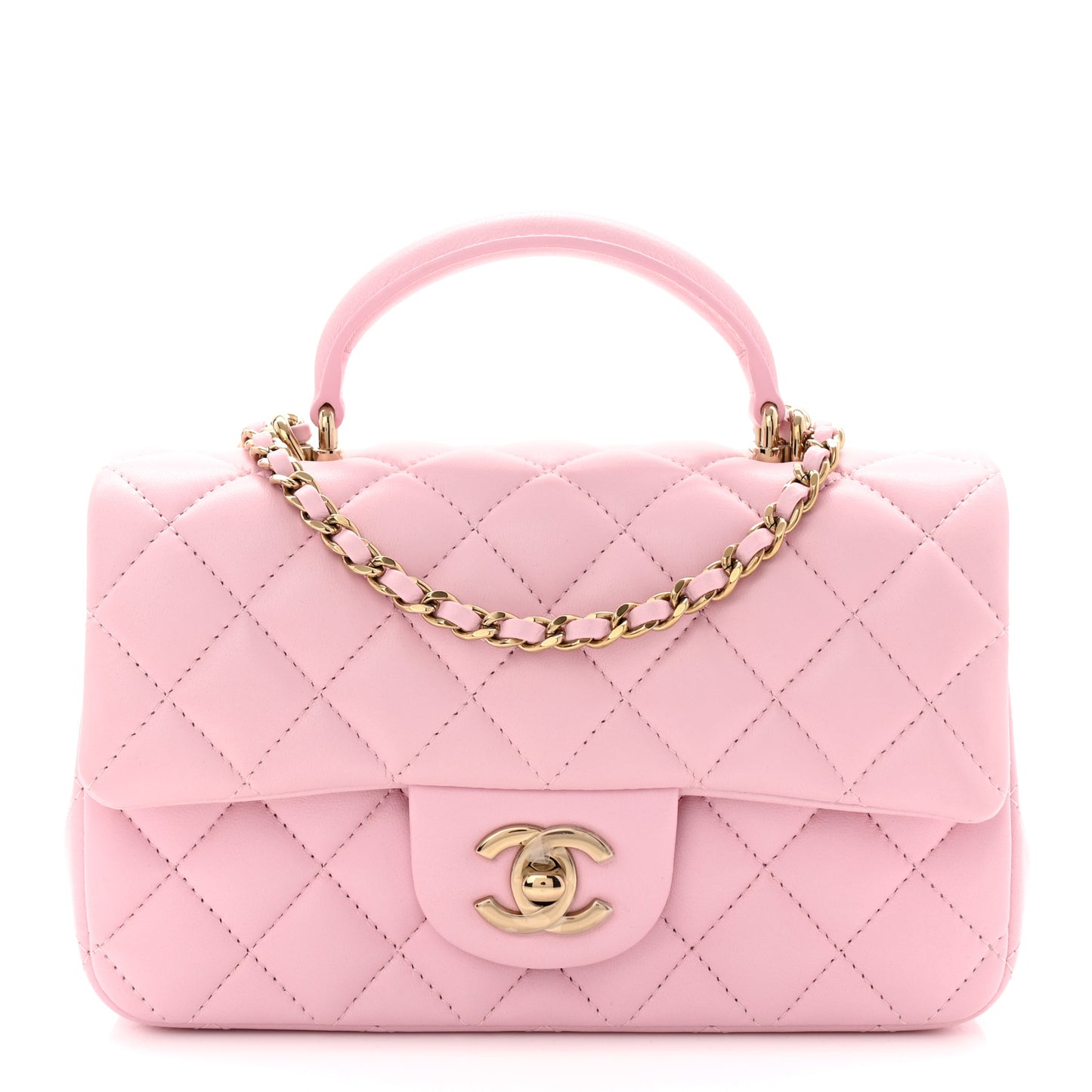 Lambskin Quilted Mini Top Handle Rectangular Flap Light Pink