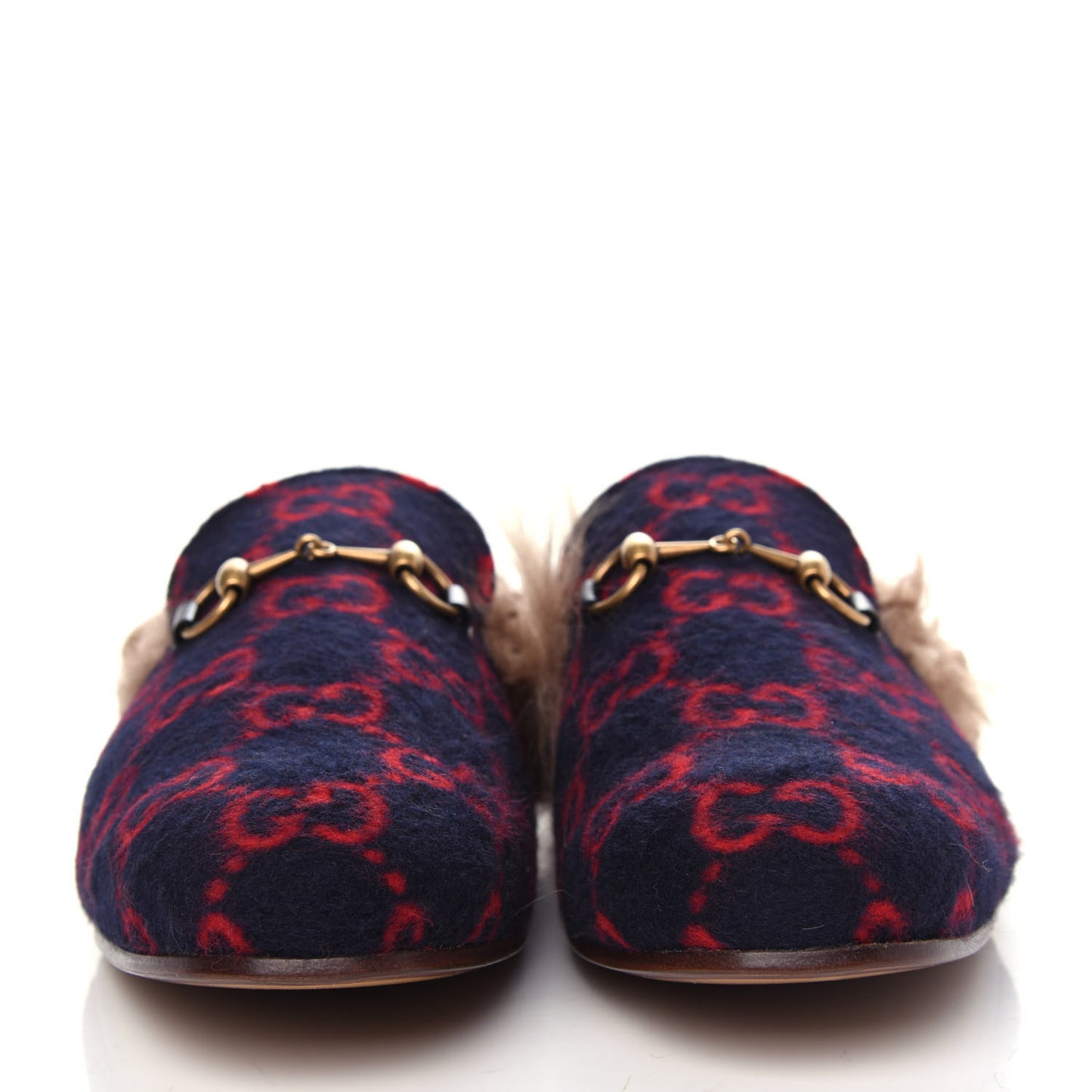 Covered Wool Big GG Monogram Fur Mens Princetown Slippers 9 Blue Red Butterscotch