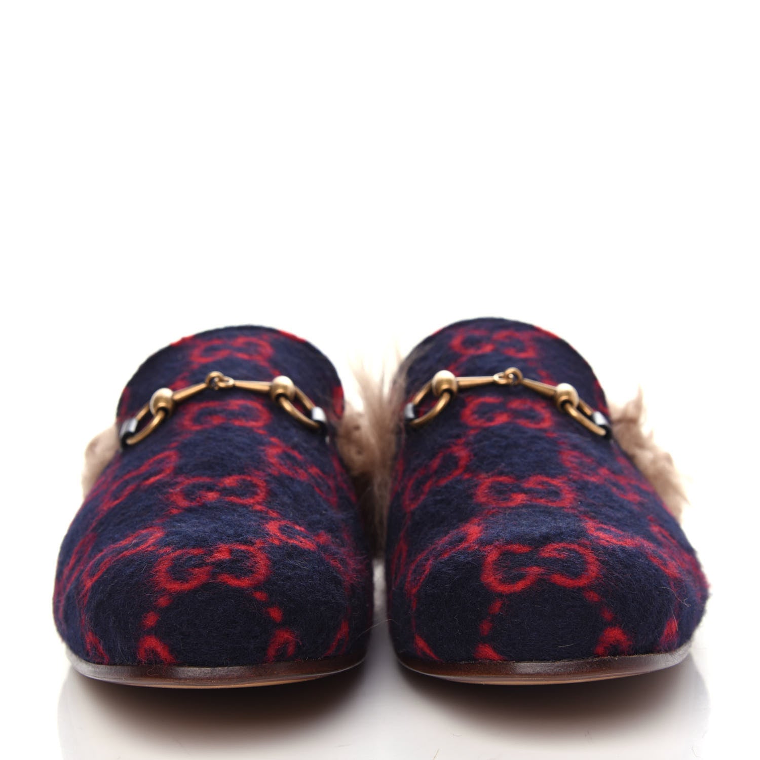 Gucci Covered Wool Big GG Monogram Fur Mens Princetown Slippers 9 Blue Red Butterscotch 2 of 10