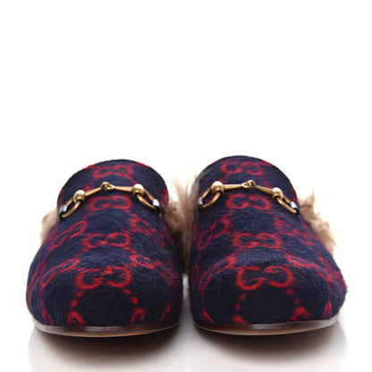 Gucci Covered Wool Big GG Monogram Fur Mens Princetown Slippers 9 Blue Red Butterscotch 2 of 10