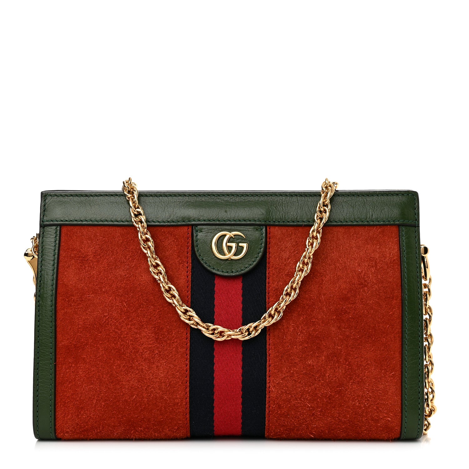 Gucci Suede Calfskin GG Web Small Ophidia Chain Shoulder Bag Brown Red Green 1 of 14