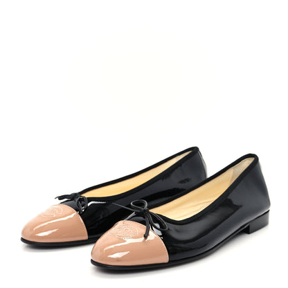 Chanel Patent CC Cap Toe Ballerina Flats 39 Black Beige 4 of 10