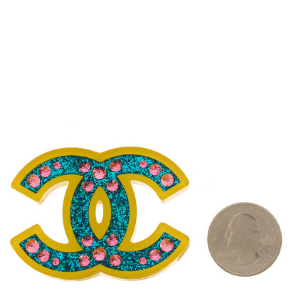 Chanel Resin Glitter Crystal CC Brooch Yellow Blue 2 of 5