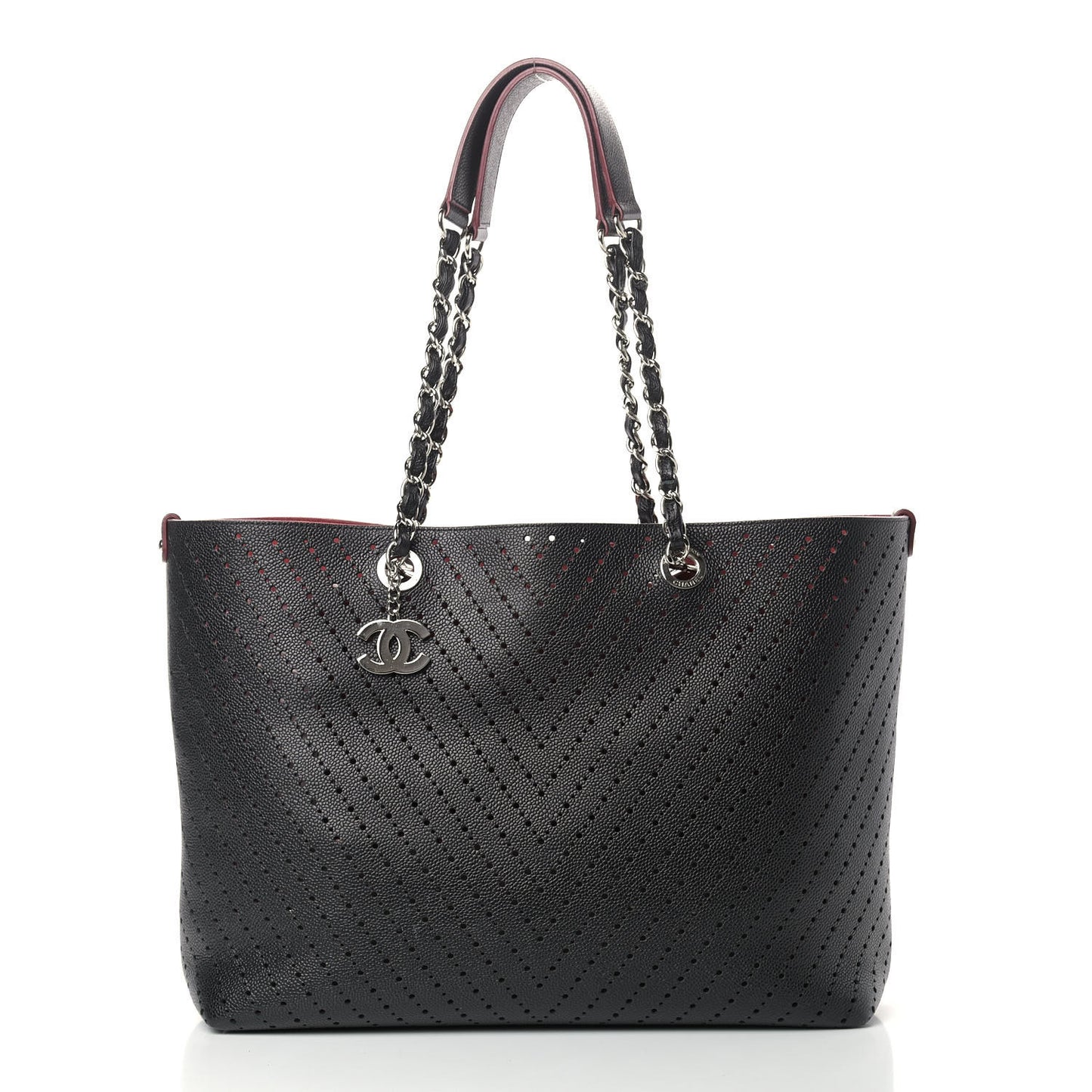 Perforated Grained Calfskin Large Shopping Tote Black