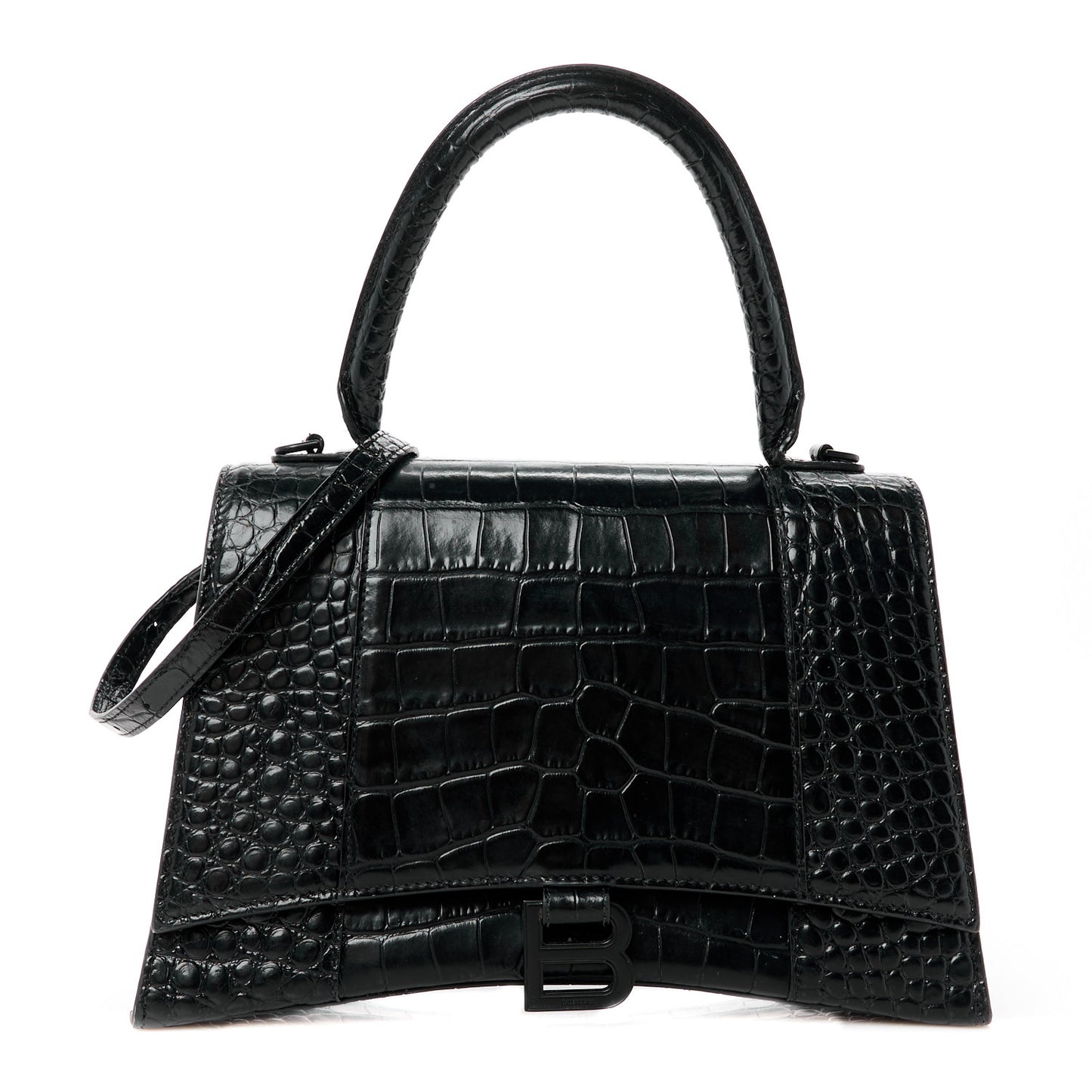 Shiny Calfskin Monochrome Crocodile Embossed Medium Hourglass Top Handle Bag Black