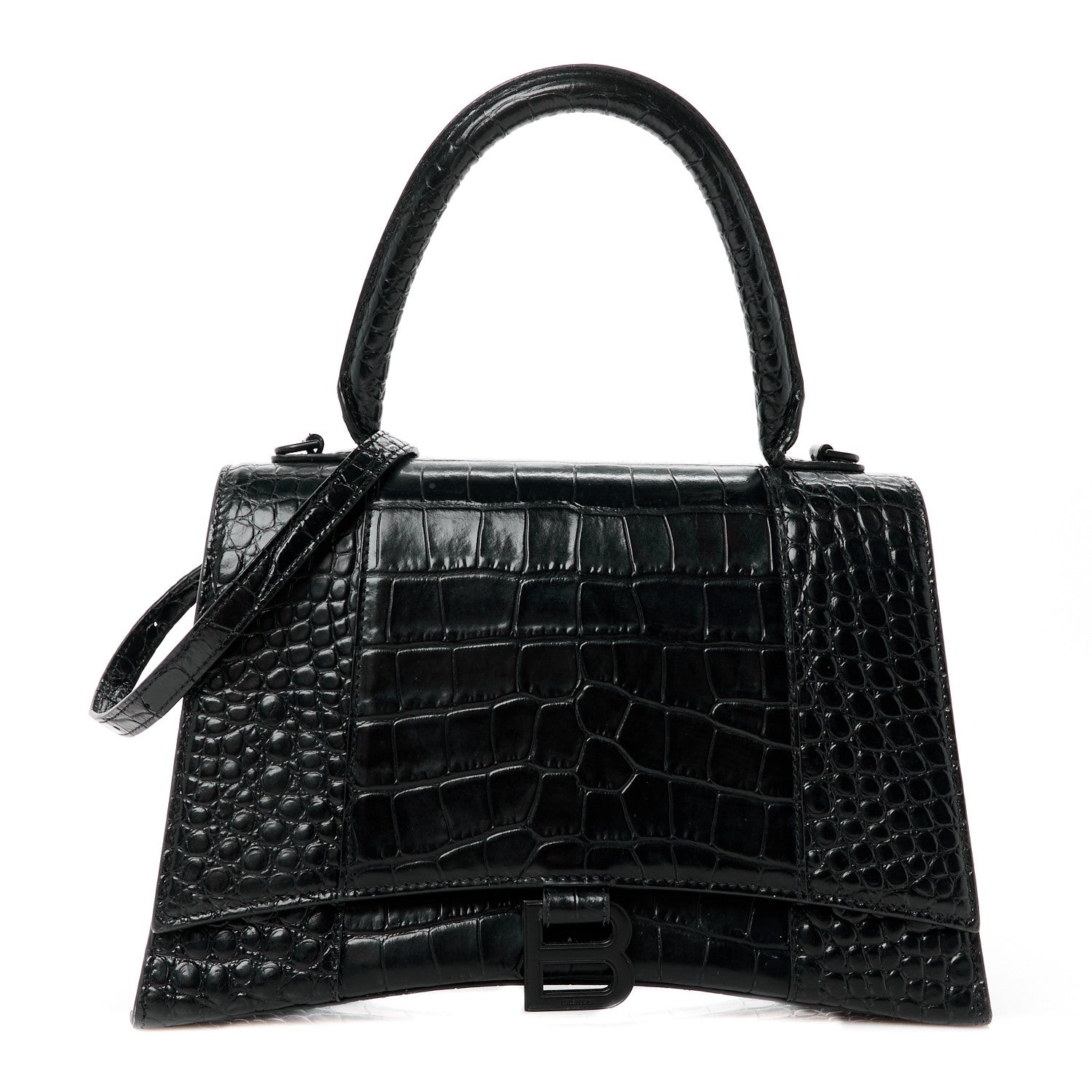 Balenciaga Shiny Calfskin Monochrome Crocodile Embossed Medium Hourglass Top Handle Bag Black 1 of 11