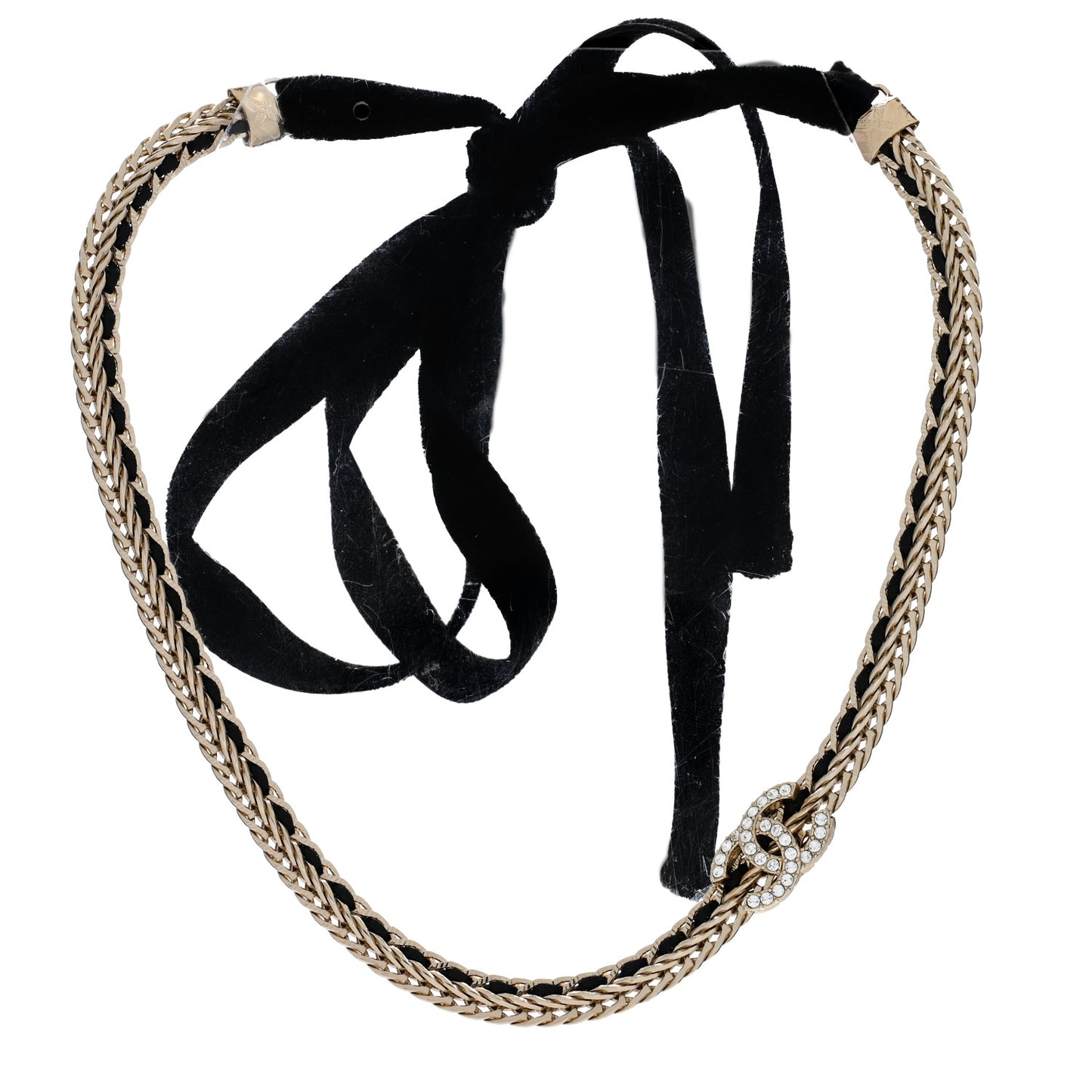 Metal Lambskin Crystal CC Chain Tie Headband Gold Black