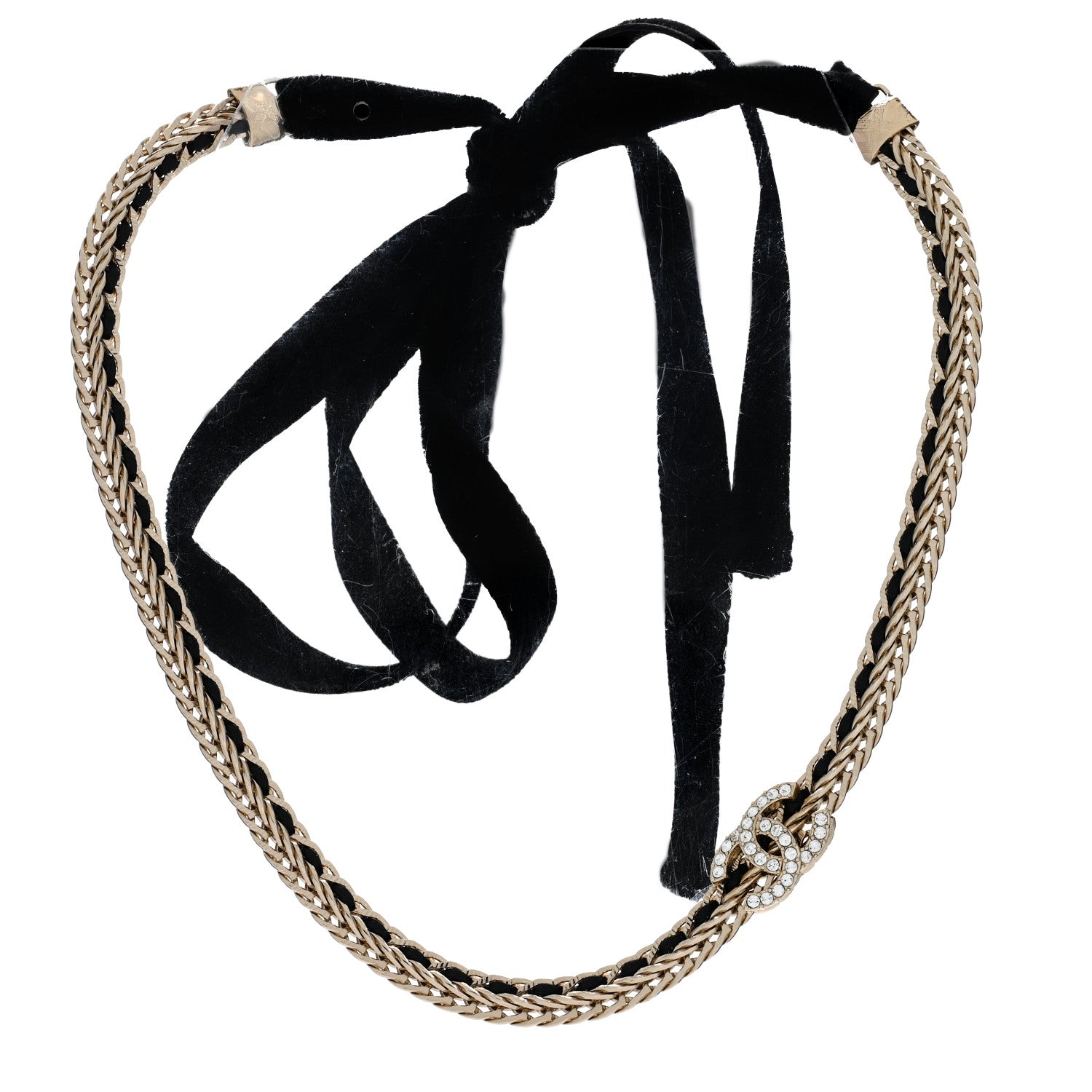 Chanel Metal Lambskin Crystal CC Chain Tie Headband Gold Black 3 of 5
