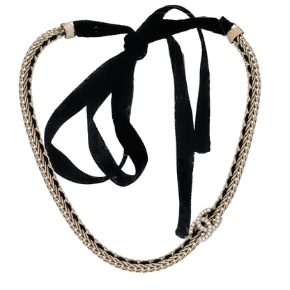 Chanel Metal Lambskin Crystal CC Chain Tie Headband Gold Black 3 of 5