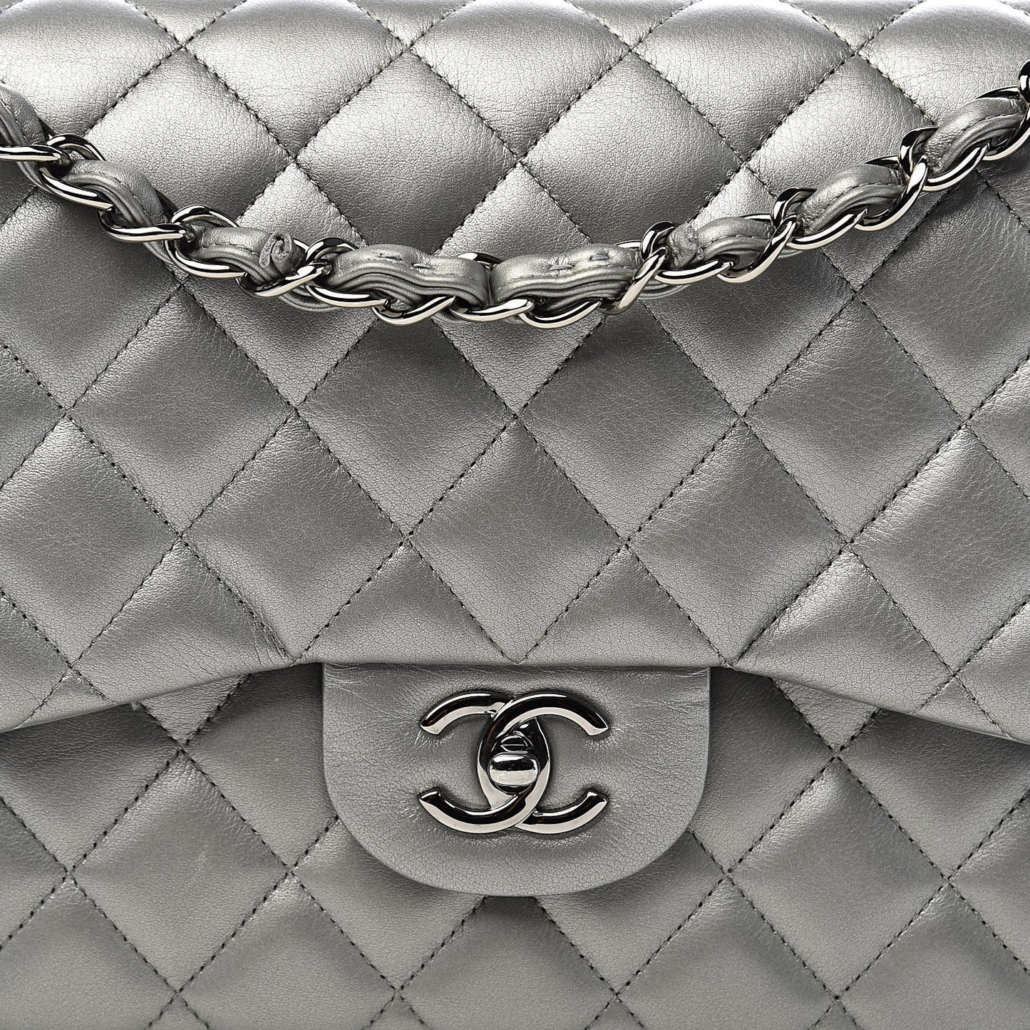Metallic Calfskin Quilted Jumbo Double Flap Silver