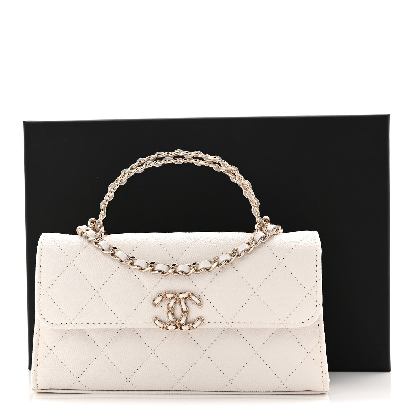 Caviar Quilted Chain Match Top Handle Phone Holder With Chain White