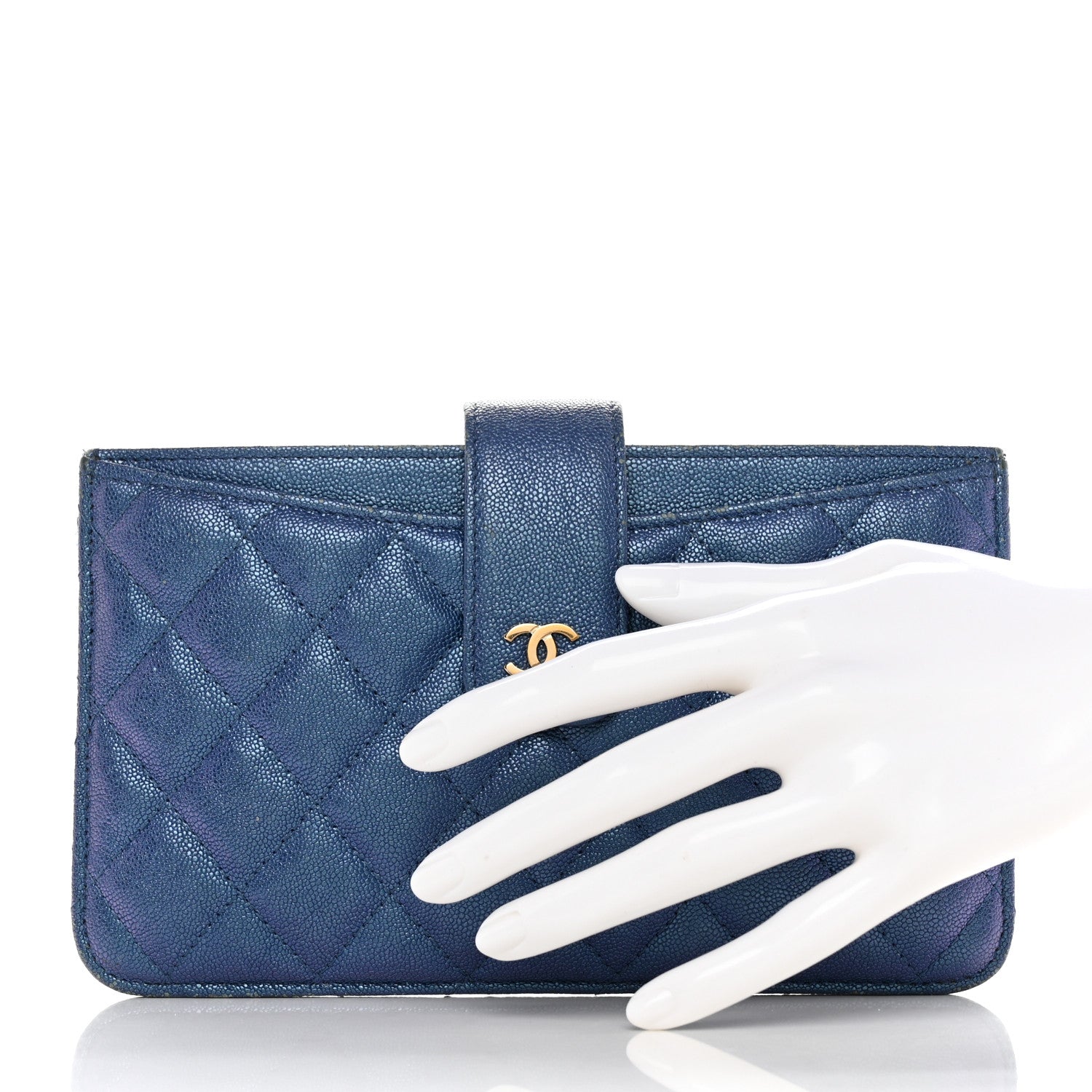 Chanel Iridescent Caviar Quilted Classic Strap Pouch Dark Blue 2 of 16