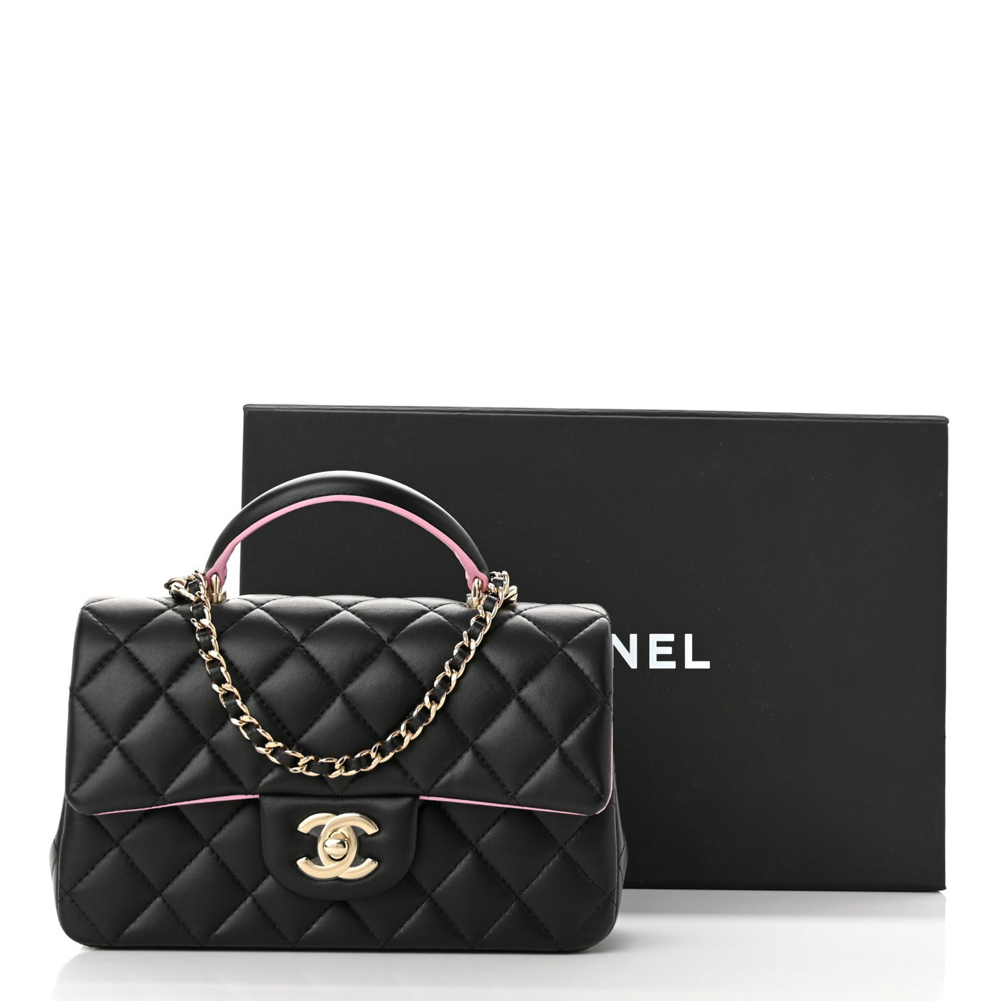 Lambskin Quilted Bi-Color Mini Top Handle Rectangular Flap Black Lilac
