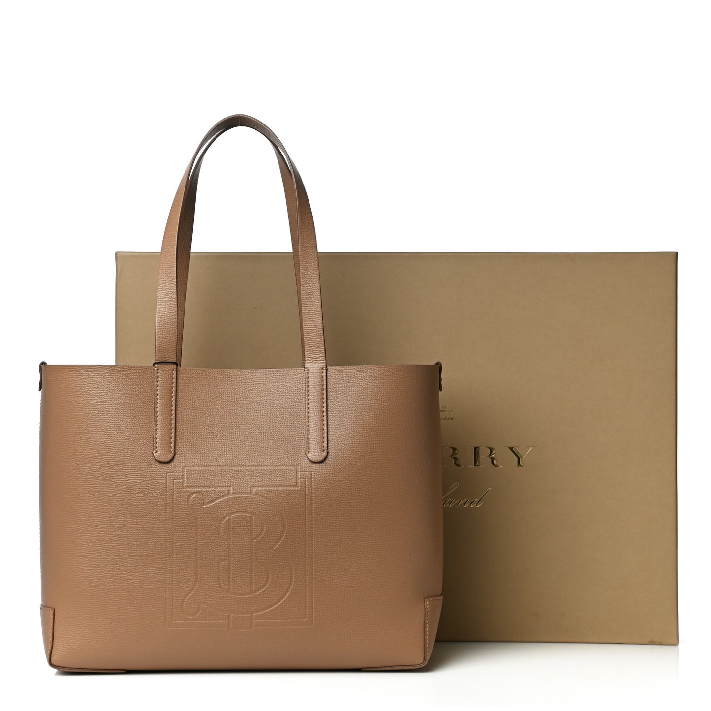 Calfskin TB Motif Embossed Medium Tote Camel