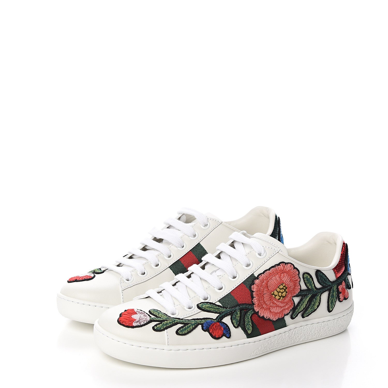 Gucci Calfskin Web Floral Embroidered Womens Ace Sneakers 36 White 3 of 9