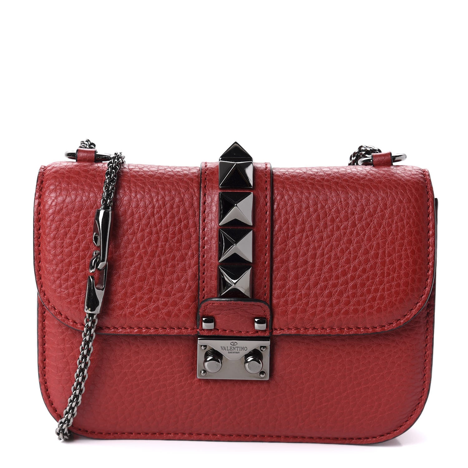 Valentino Garavani Pebbled Calfskin Small Glam Lock Rockstud Flap Red 1 of 9