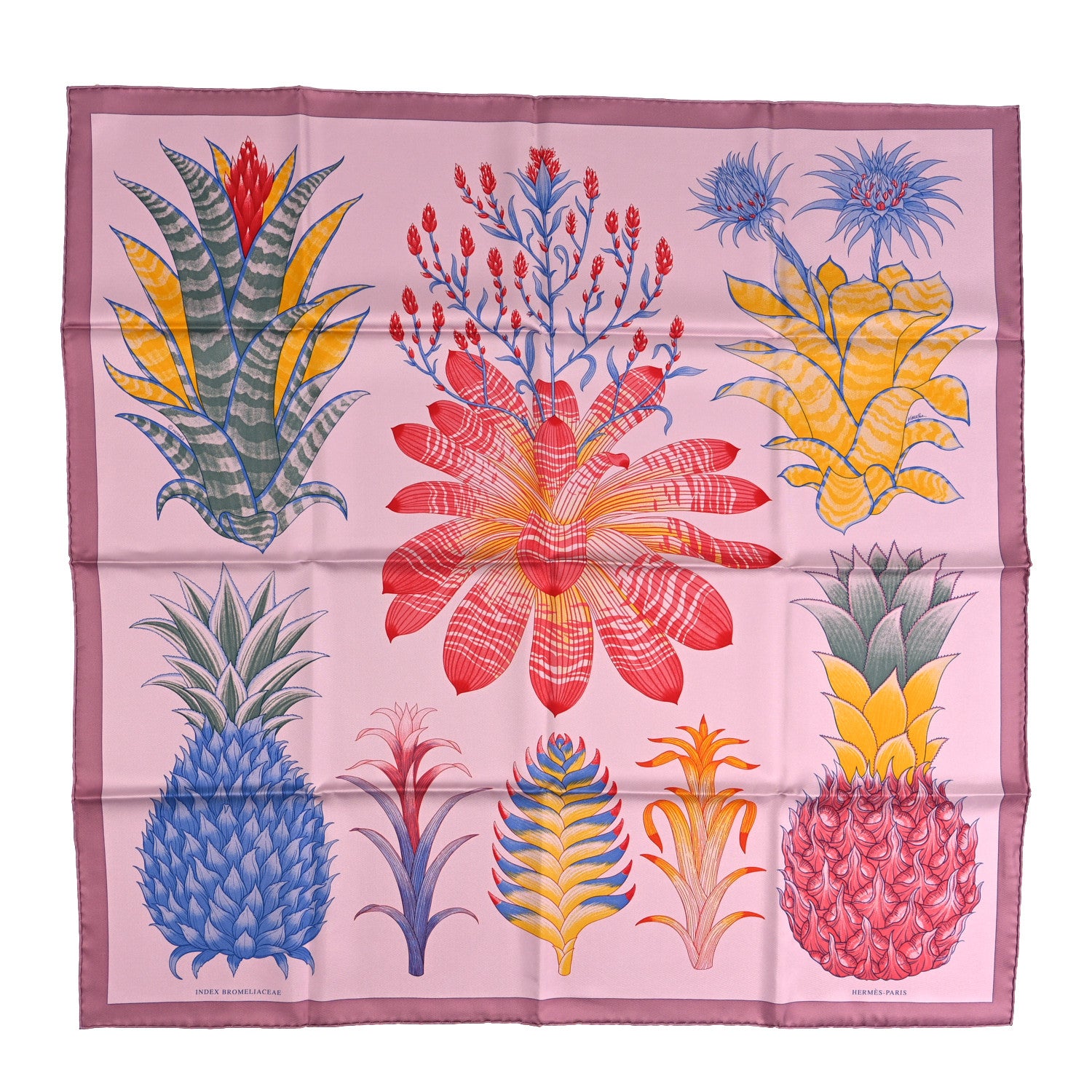 Hermes Silk Index Bromeliaceae Scarf 90 Rose Fané Jaune D'or Bleu 1 of 5