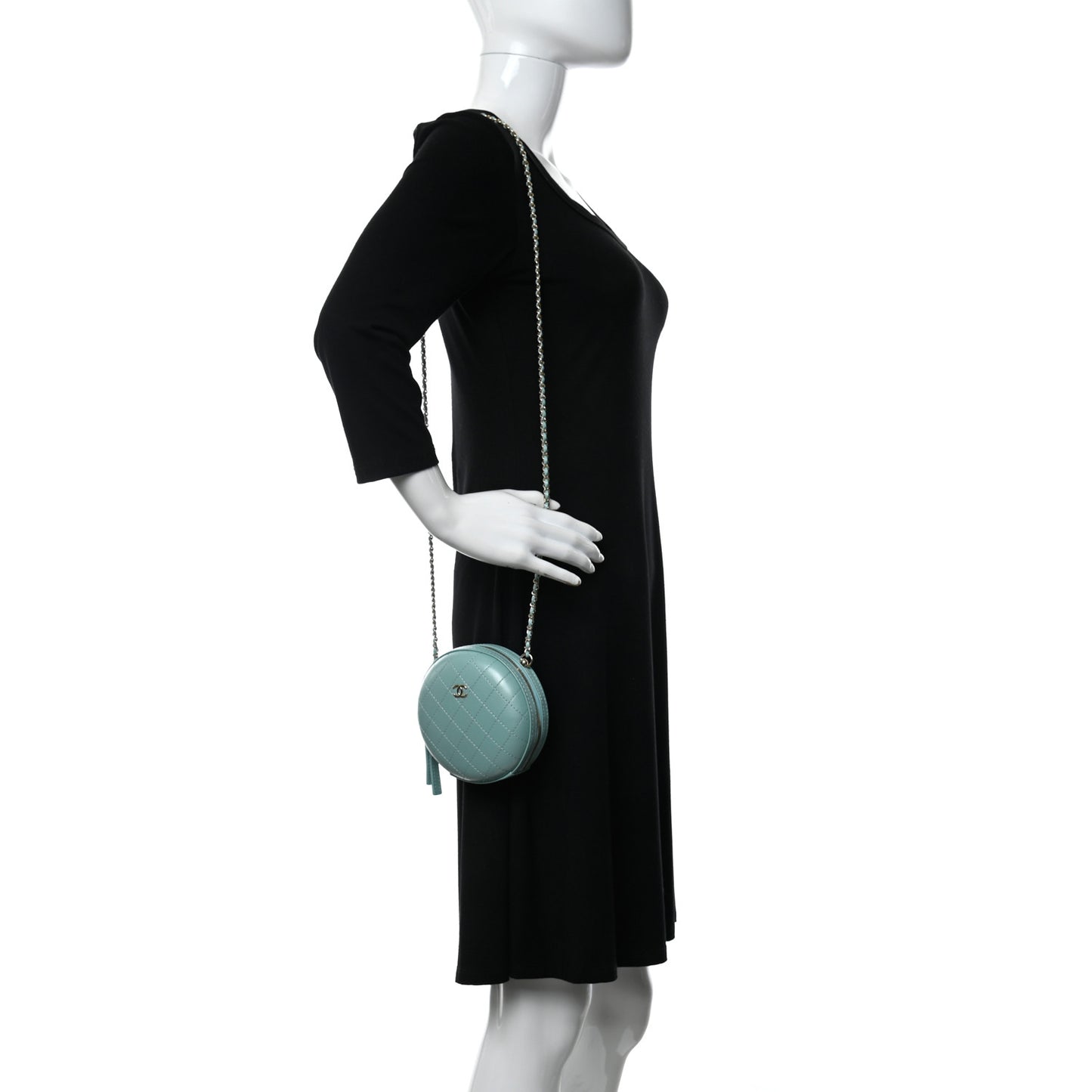 Iridescent Lambskin Round Clutch With Chain Light Blue