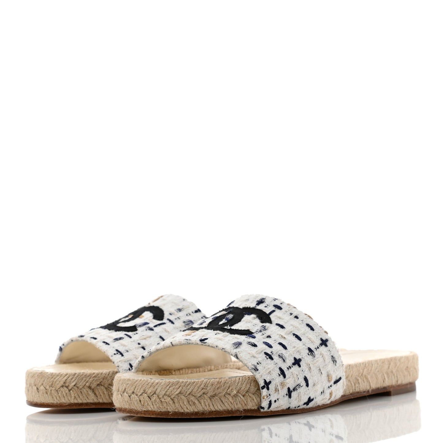 Tweed Grosgrain CC Mule Slide 38 White Black