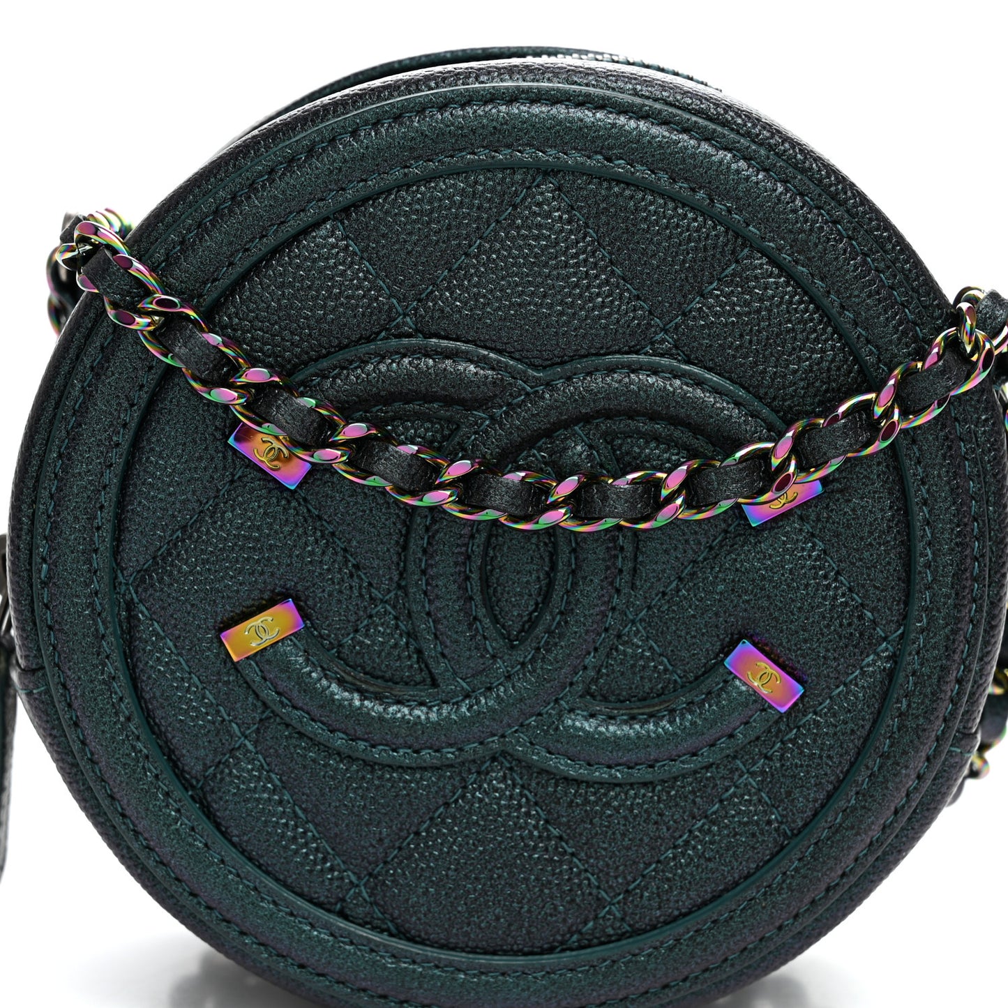 Iridescent Caviar Quilted Round Filigree Crossbody Dark Turquoise